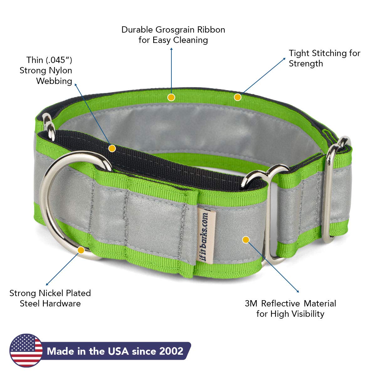 If It Barks - 1.5'' Reflective Martingale Collar for Dogs - Adjustable - Made in USA - Strong, Durable, and Comfy - Ideal for Tr