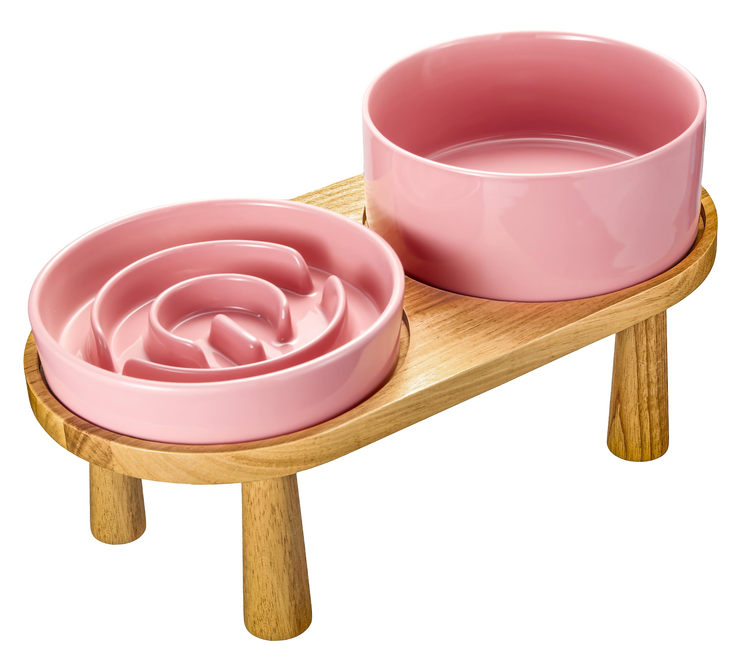 MOPANG Ceramic Slow Feeder and Water Bowl Set for Small Dogs, Ceramic Dog Bowls Elevated with Wooden Stand, 0.6 Cups Dog Slow Fe