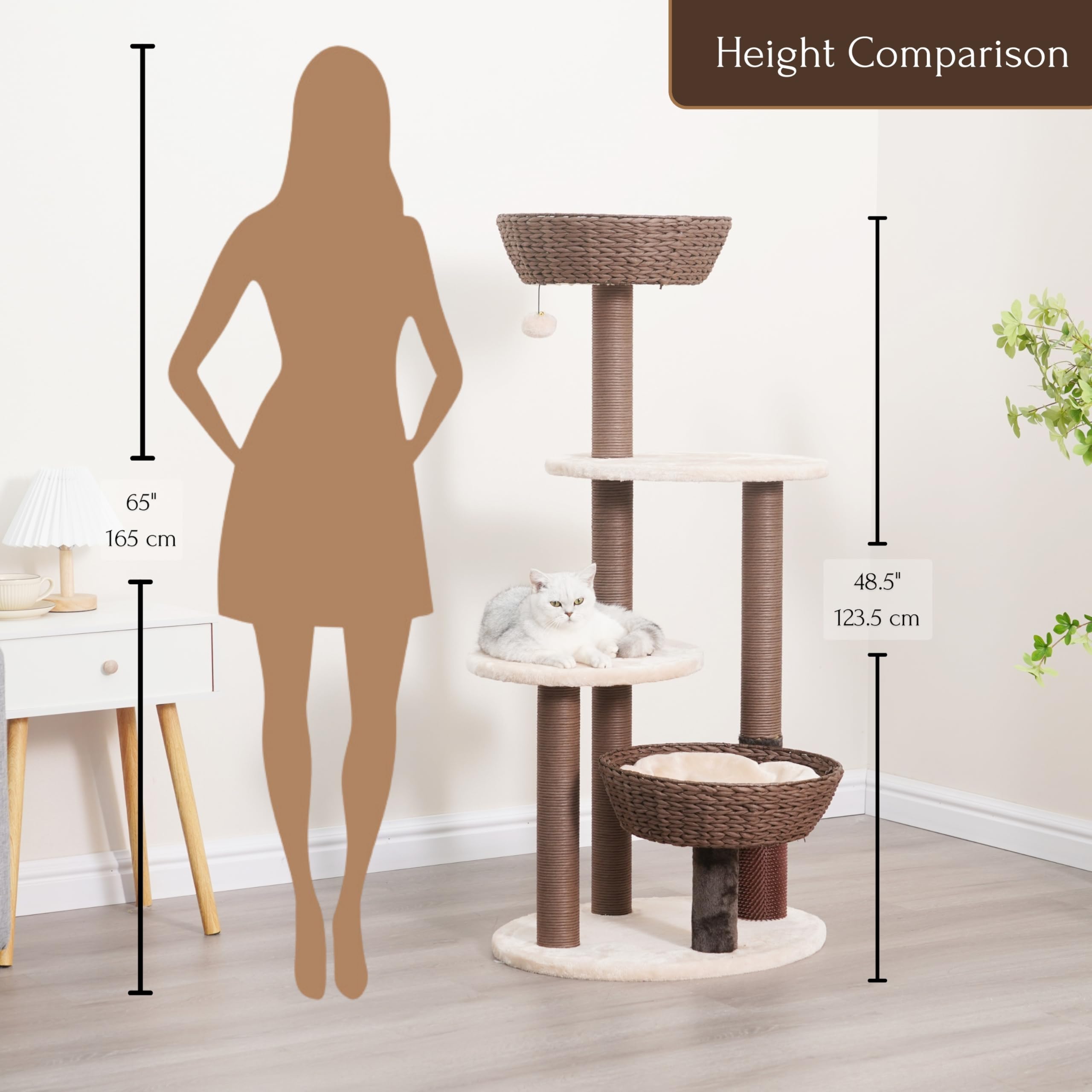 Petpals 48'High 5-Level Large Cat Tree With Handwoven Basket Beds, Multi-Level Platforms,Recycled Paper Rope Scratching Posts, Removeable Cushions, Teaser Toy & Massager For Multi Cats, Brown & Beige
