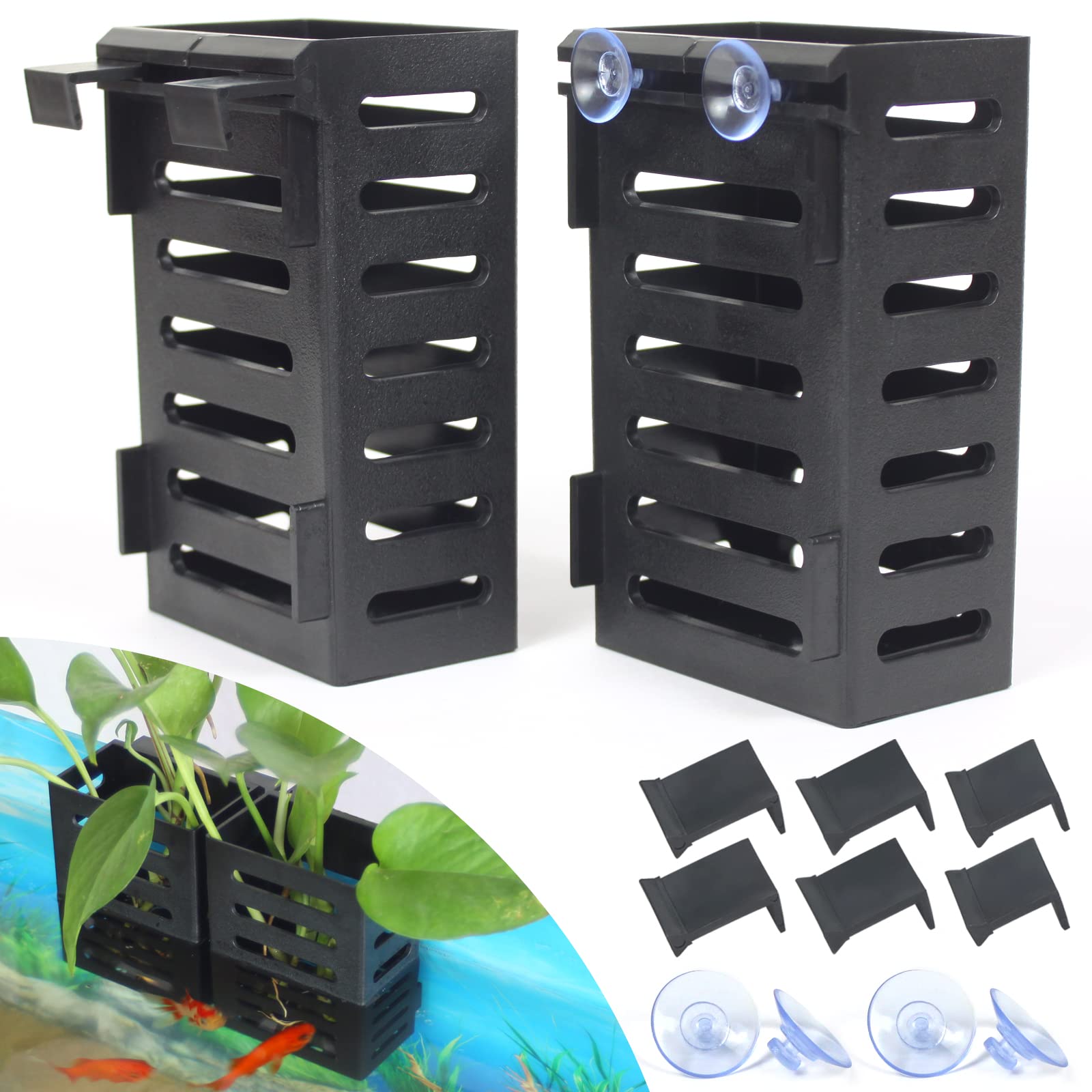 SANJHFF 2 Pcs Aquarium Plant Holder, Fish Tank Plant Holder with Hooks and Suction Cups, Aquarium Planter Cups for Emersed Plant