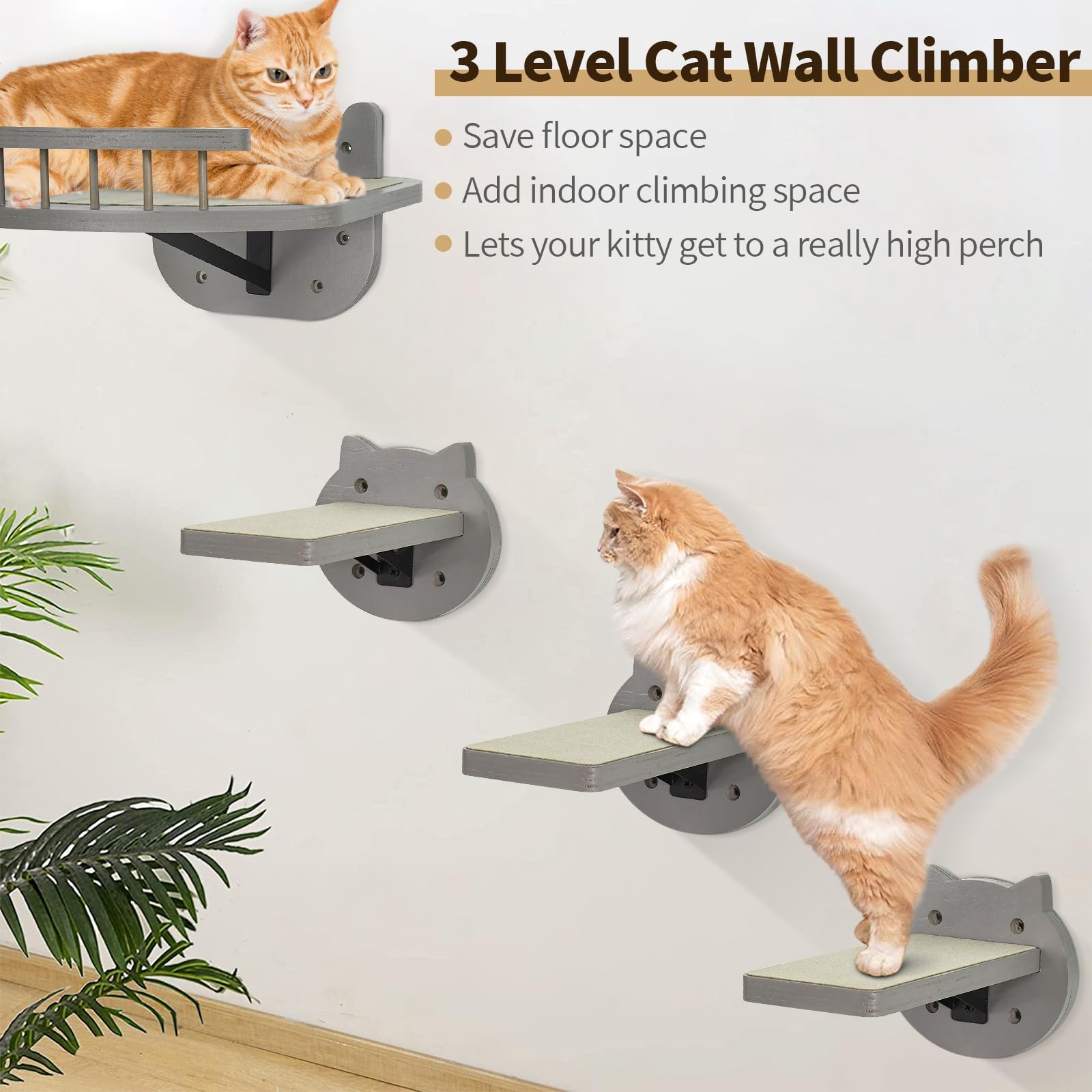 Y&Me Ym Cat Wall Shelves, Cat Shelves And Perches For Wall, Wood Cat Wall Furniture With 3 Cat Wall Steps Cat Scratch Post, Indo