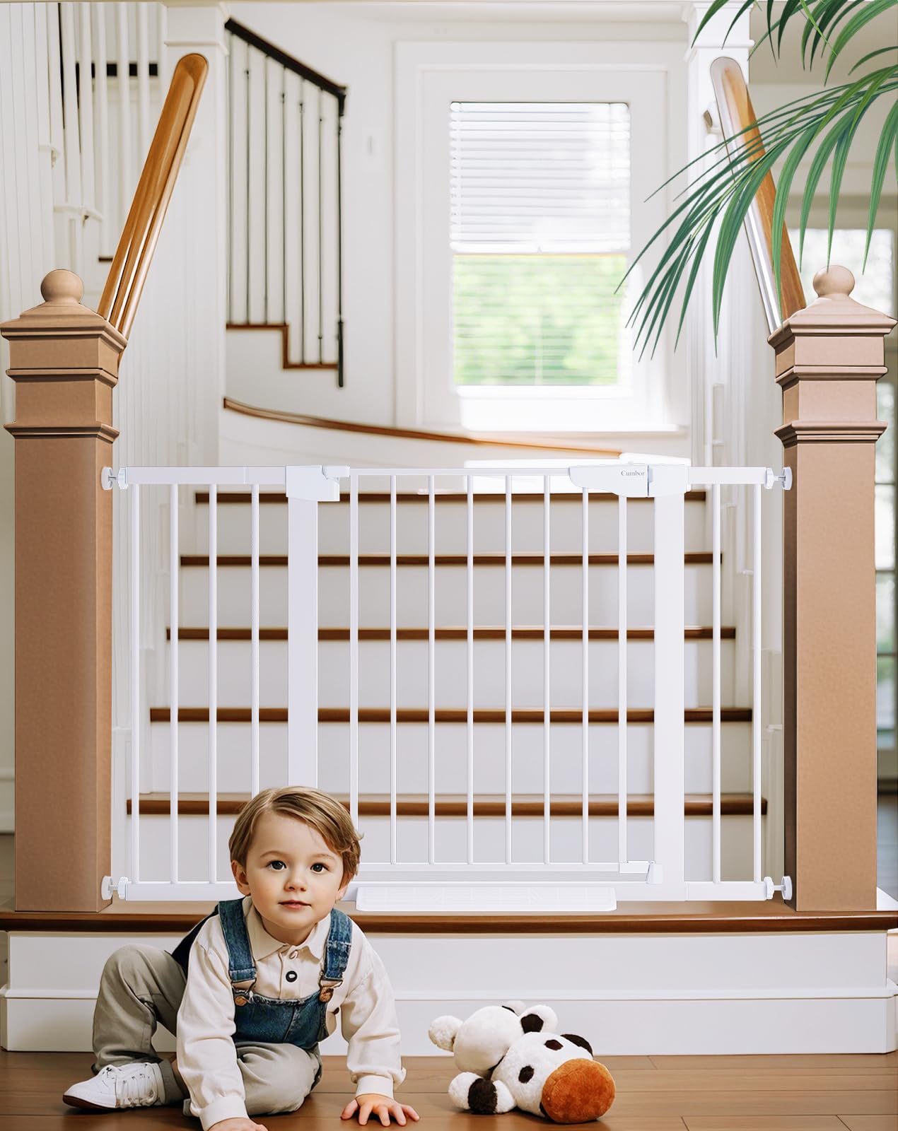 Cumbor 29.7-48' Baby Gate For Stairs, Mom'S Choice Awards Winner-Dog Gate For Doorways, Auto Close Safety Pet Gate For Dogs Indoor, Easy Install Pressure Mounted Child Gate With Walk Thru Door, White