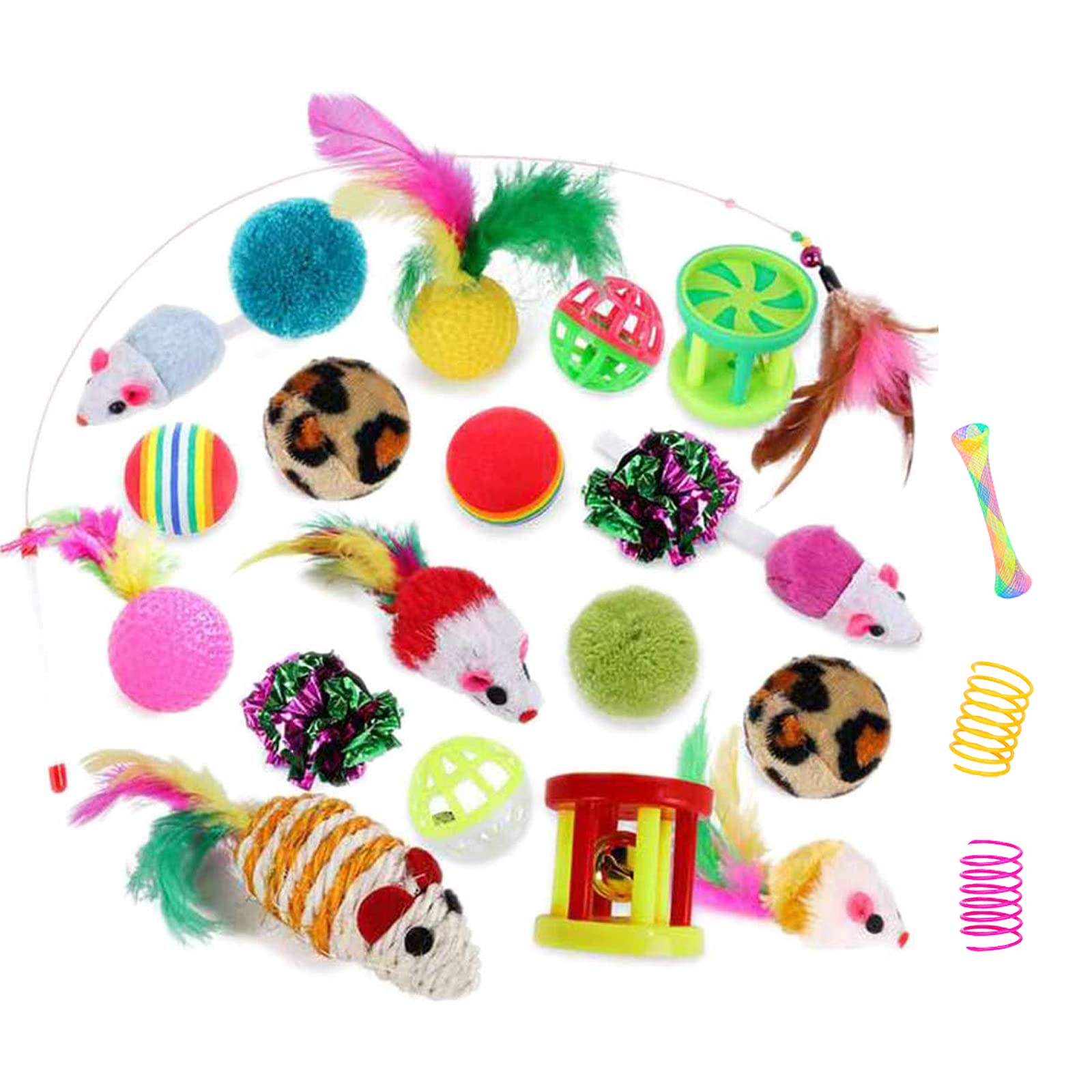 32Pcs Cat Toys Kitten Interactive Pet Toys Assortments, Foldable Rainbow Tunnel, Teaser Wand Fluffy Mouse Crinkle Balls Bell Pla
