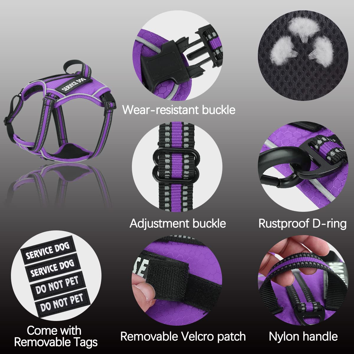 Voopet Service Dog Harness, Easy On And Off Over Head Dog Vest Harness Fasten Quickly, Breathable And 3M Reflective Adjustable Pet Halters With Easy Control Handle For Small Medium Large Dogs