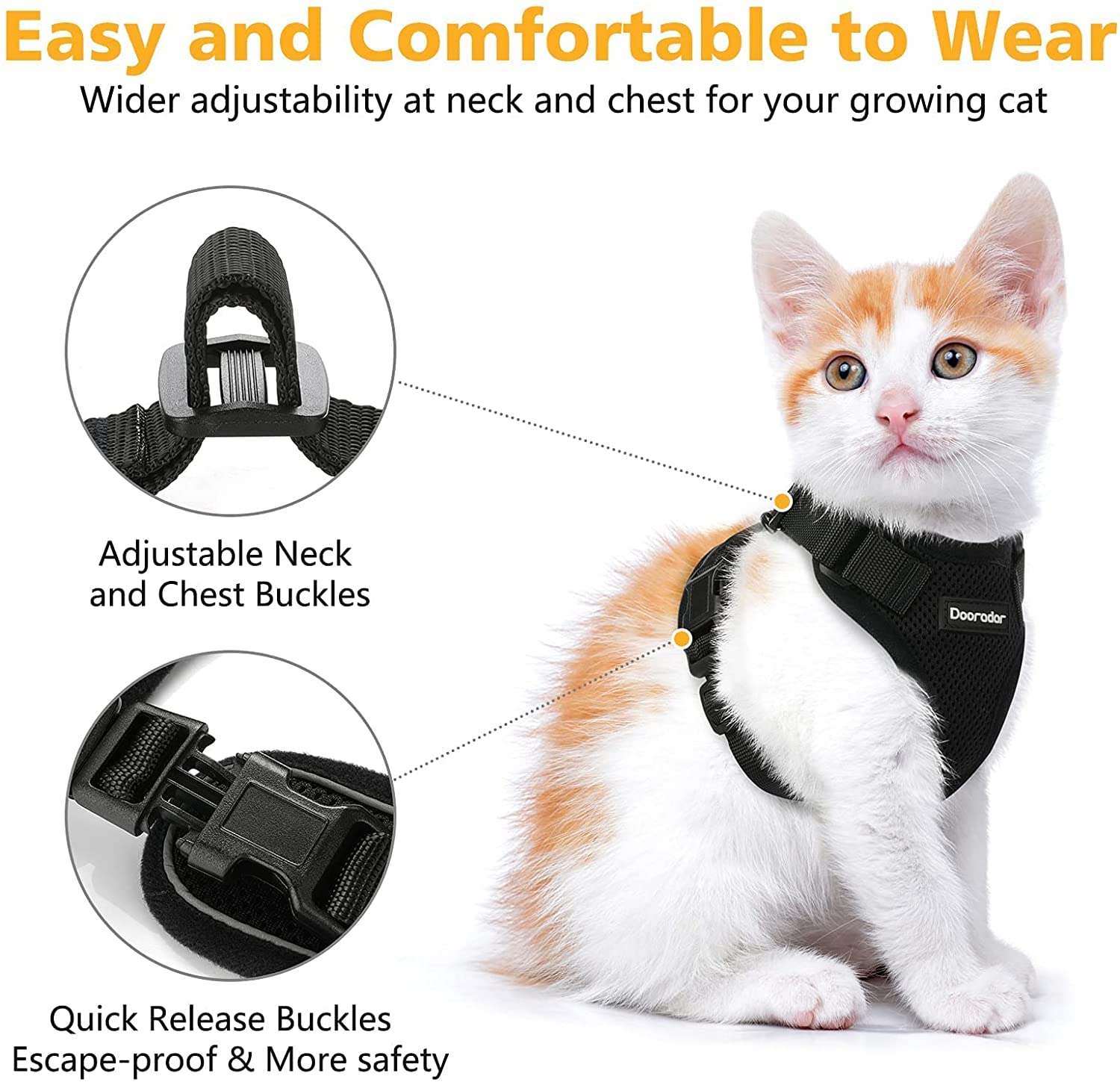 Dooradar Cat Harness And Leash Set, Escape Proof Safe Adjustable Kitten Vest Harnesses For Walking, Easy Control Soft Breathable Mesh Jacket With Reflective Strips For Cats, Black, S