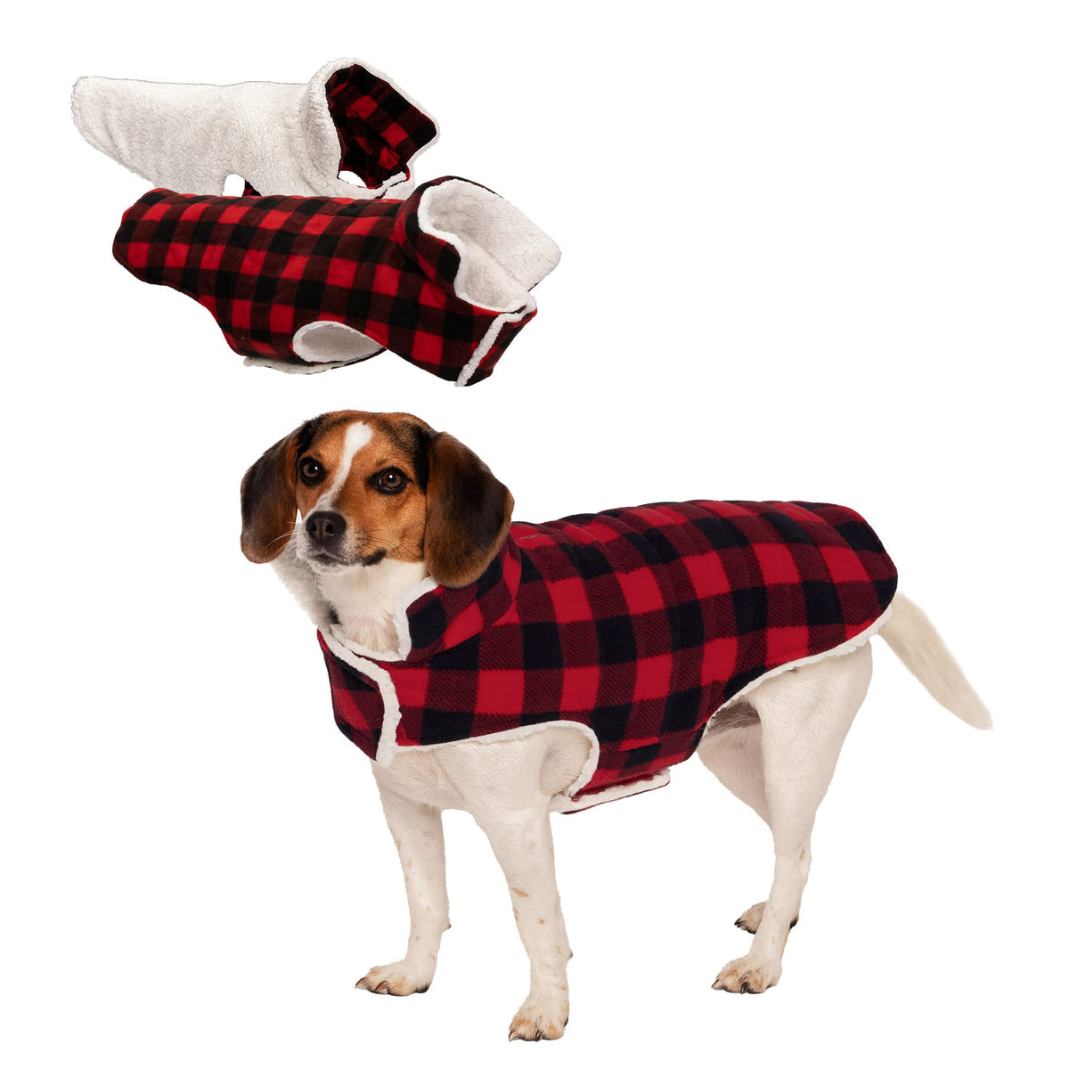 Furhaven Reversible Small Dog Coat, Washable & Insulating W/ Leash Access - Sherpa & Plaid Fleece Flex-Fit Jacket - Cream/Red, S