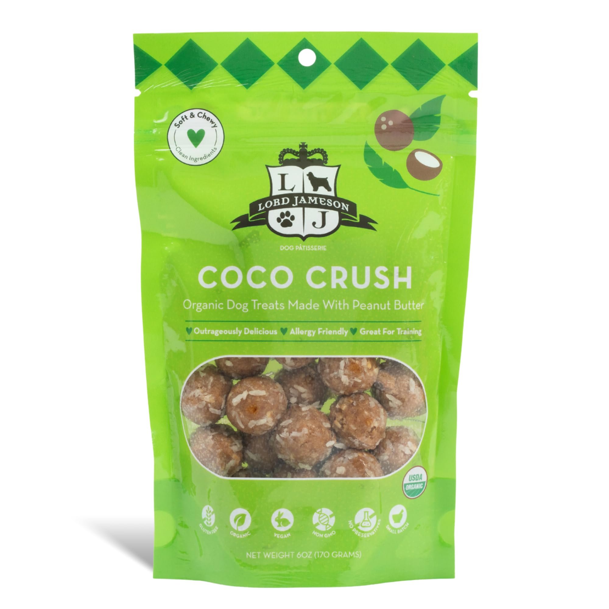 Lord Jameson Coco Crush 6 oz: Organic Soft & Chewy Dog Treats | Natural Puppy & Senior Treats | Easy Chew Hypoallergenic Dog Sna