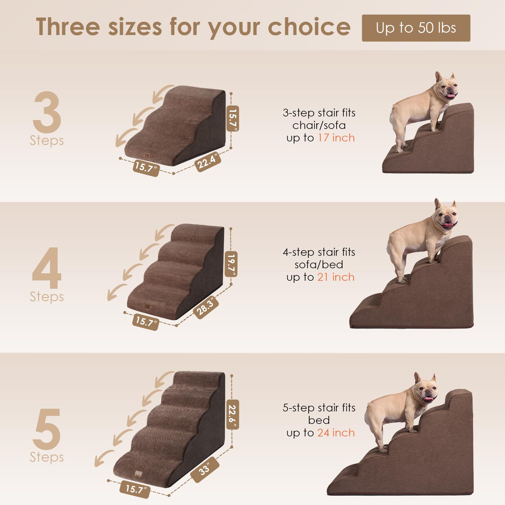 Eheyciga Curved Dog Stairs Ramp For High Beds 22.6' H, 5-Step Dog Steps For Small Dogs And Cats, Pet Stairs For High Bed Climbing, Non-Slip Balanced Pet Step Indoor, Brown