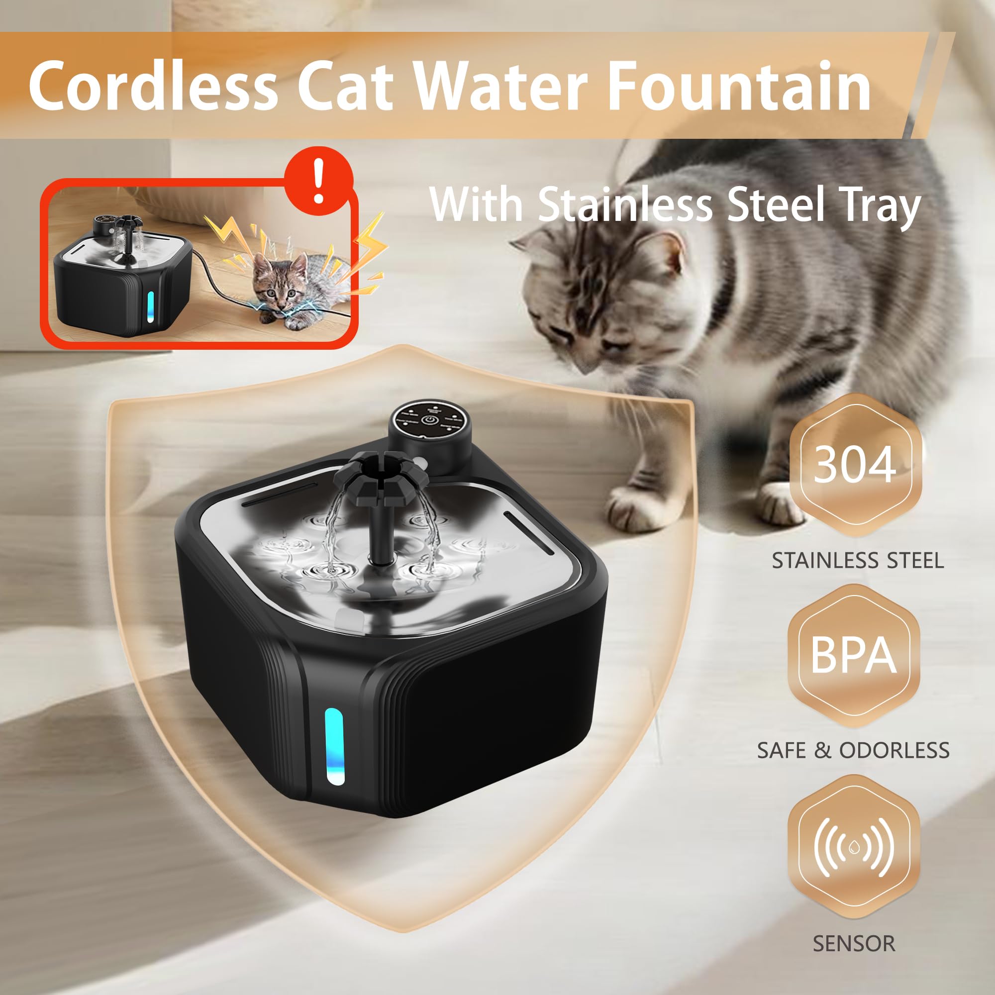 Cat Water Fountain Cordless With 4 Pack Replacement Filters 108Oz/3.2L Pet Water Fountain Battery Operated With Stainless Steel