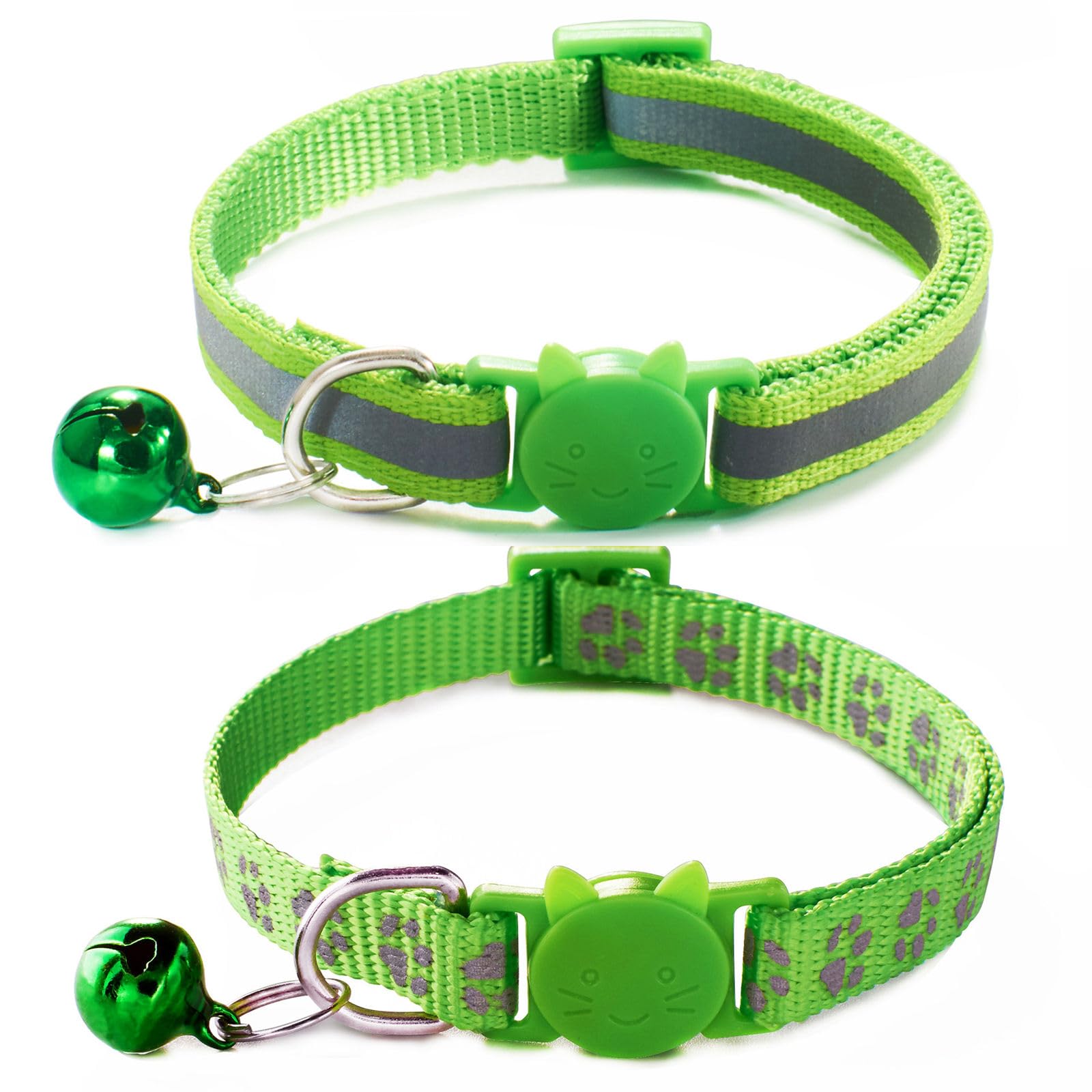 Breakaway Dog Collar With Bells, [2 Pack] Green Break Away Puppy Collar With Bells, Reflective Cat Collar For Boy Cats Kitty Kit