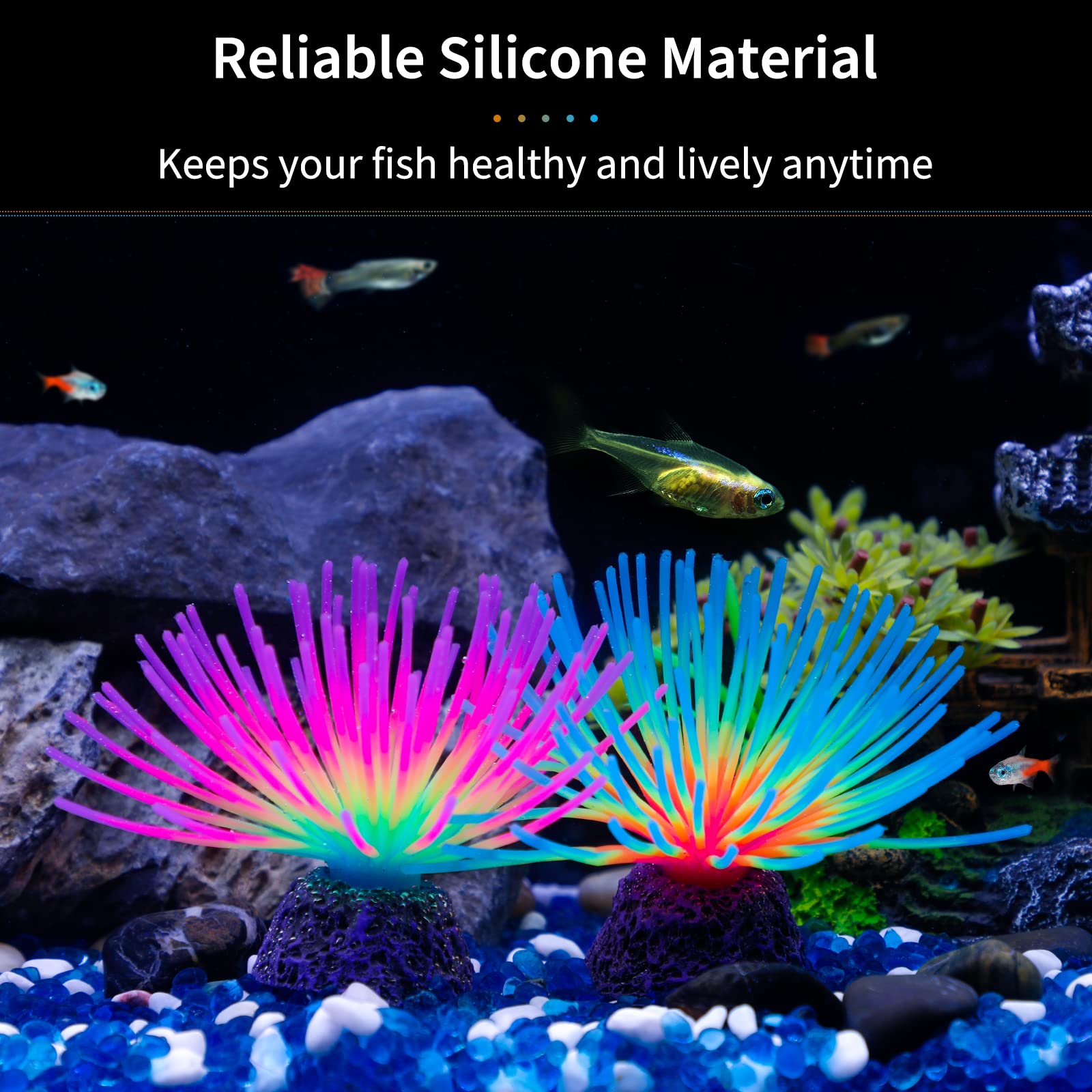 Uniclife Aquarium Imitative Rainbow And Iridescent Blue Sea Urchin Balls Artificial Silicone Ornament Set With Glowing Effect For Fish Tank Landscape Decoration