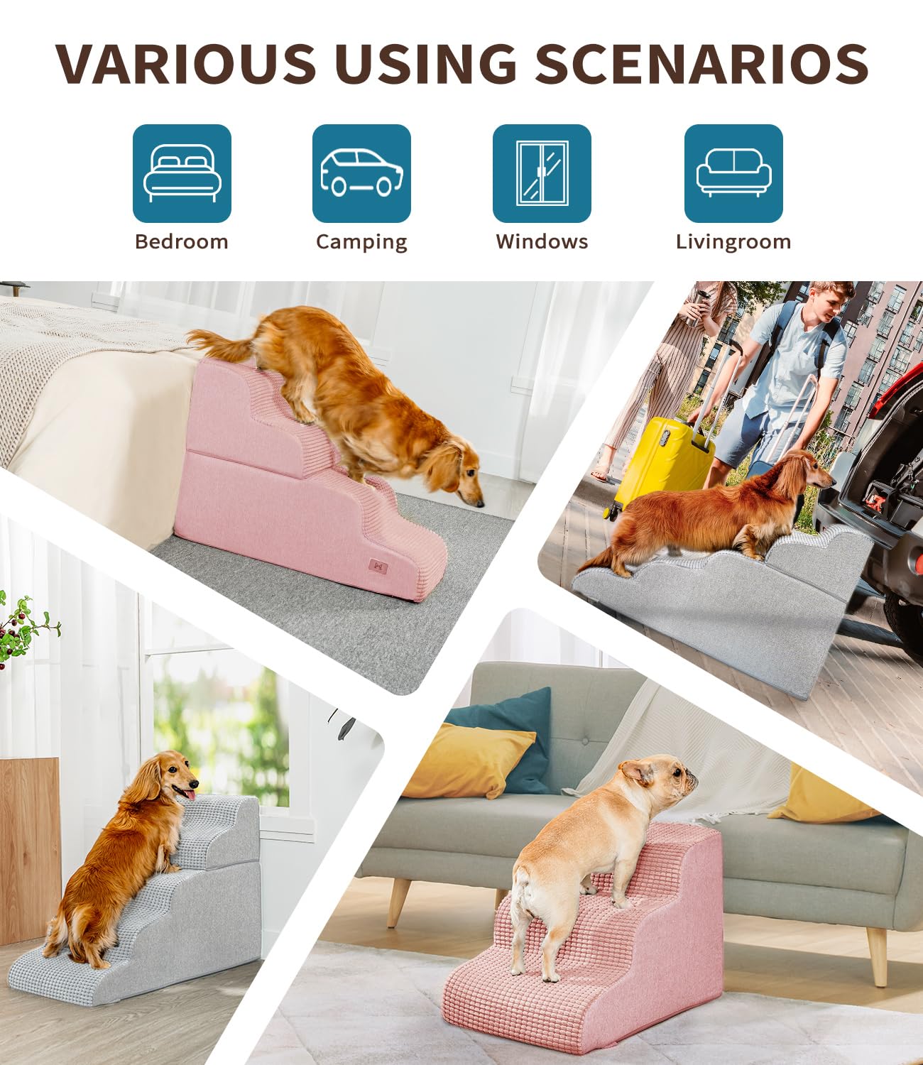 ABCPET Dog Step for Bed, Dog Stair 4-Step 35D Pet Stair 19.7 H for High Bed or Sofa Non-Slip Balanced Pet Step Indoor, Pink