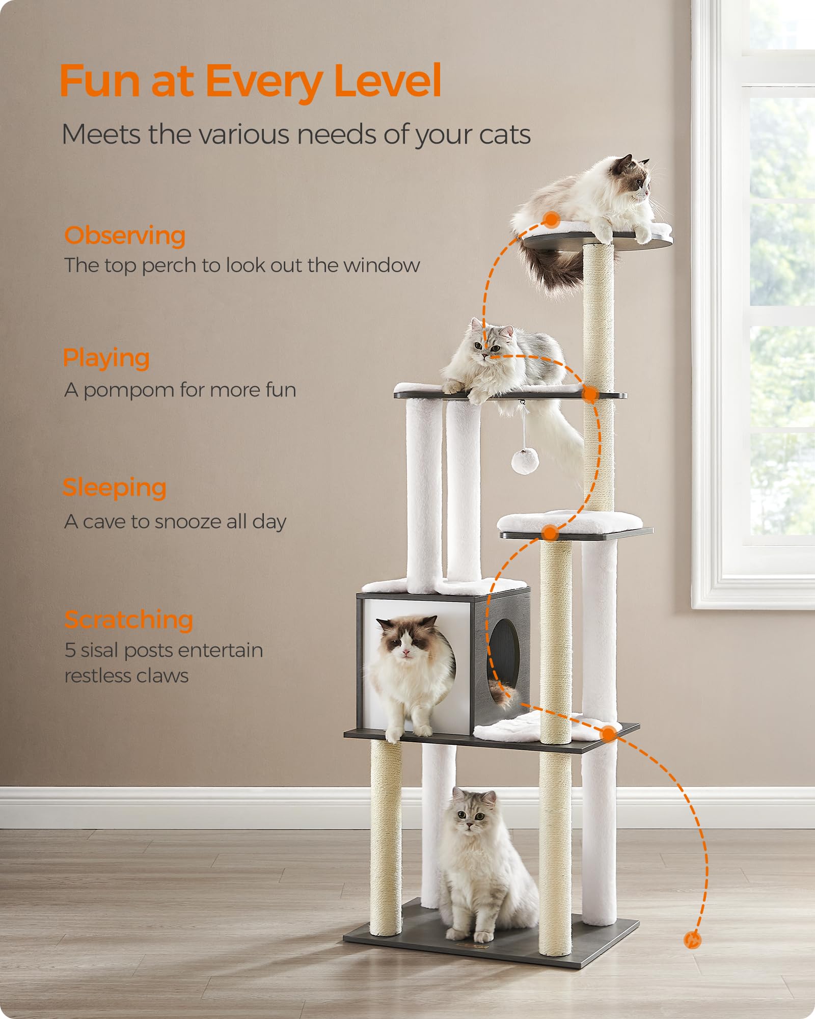 Feandrea WoodyWonders Cat Tree, 65-Inch Modern Cat Tower for Indoor Cats, Multi-Level Cat Condo with 5 Scratching Posts, Perch,