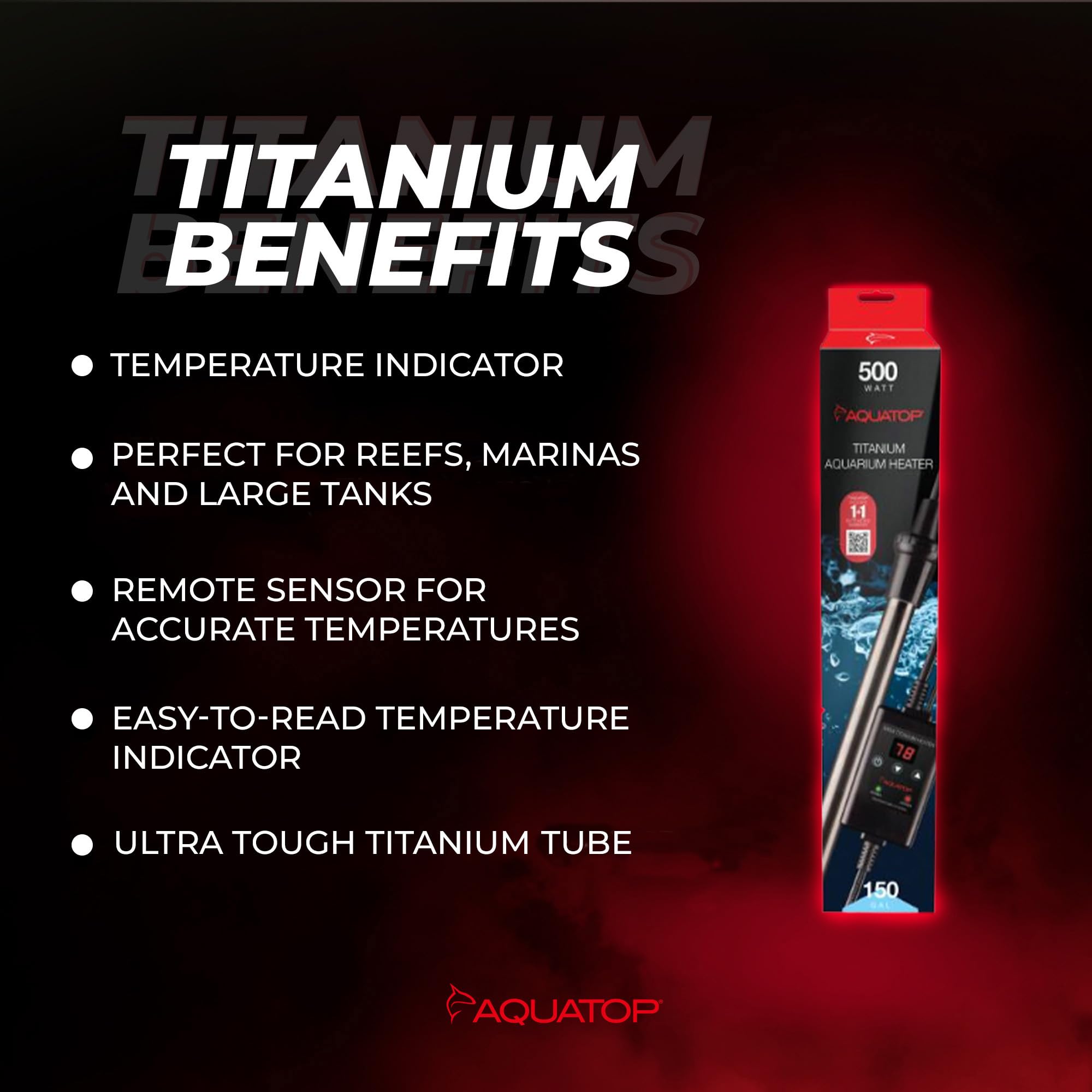 Aquatop 500W Titanium Heater With Controller – Fully Submersible - Up To 150 Gal – 68-92°F Adjustable Temperature – Ideal For Turtles & Large Fish