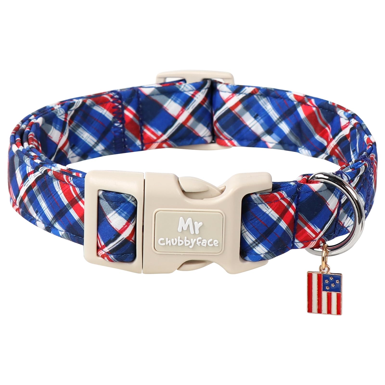 Mr.Chubbyface Plaid Cotton Dog Collar, Soft Checkered Patriotic Puppy Pet Collar With Plastic Buckle, Adjustable 4Th Of July Pet