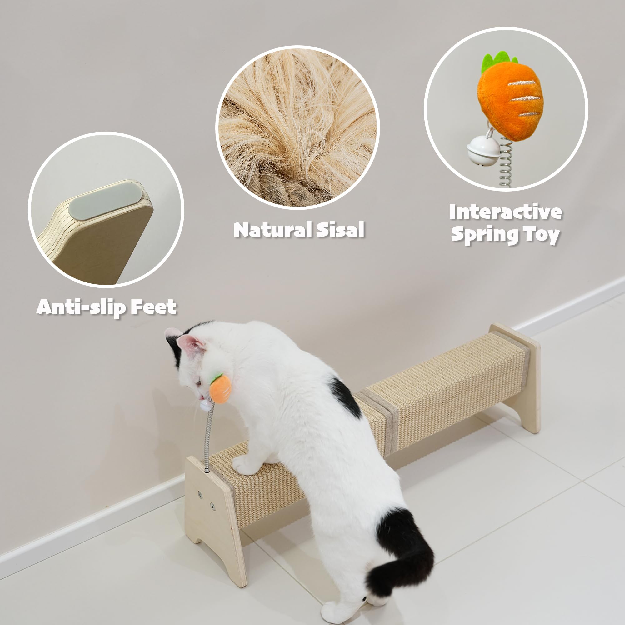 Petkaray Horizontal Scratching Post, 30'' Sisal Cat Scratch Post, Large Cat Scratcher With Spring Toy, Protect Furniture For Ind