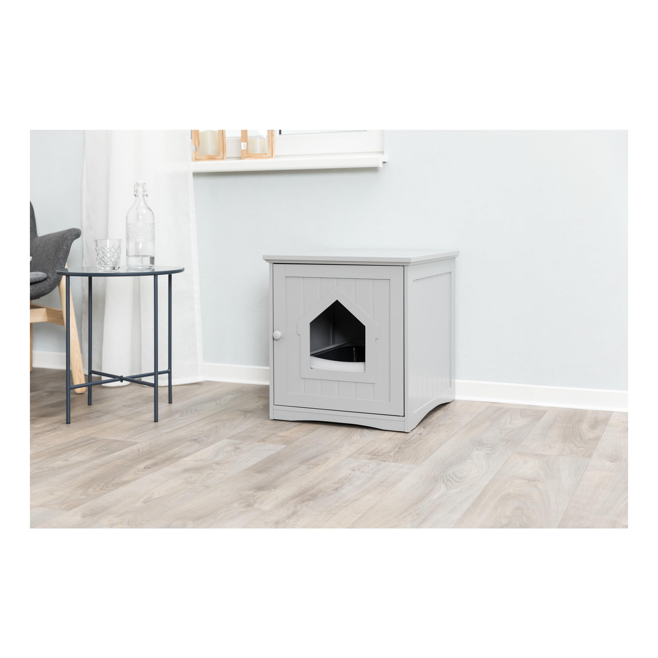 Trixie Small Furniture Litter Box Enclosure (Gray), Hidden Litter Box For Cats, Classic Style & Big Front Door For Easy Cleaning, Large Hole For Convenient Entry, Use As Side Table Or Nightstand