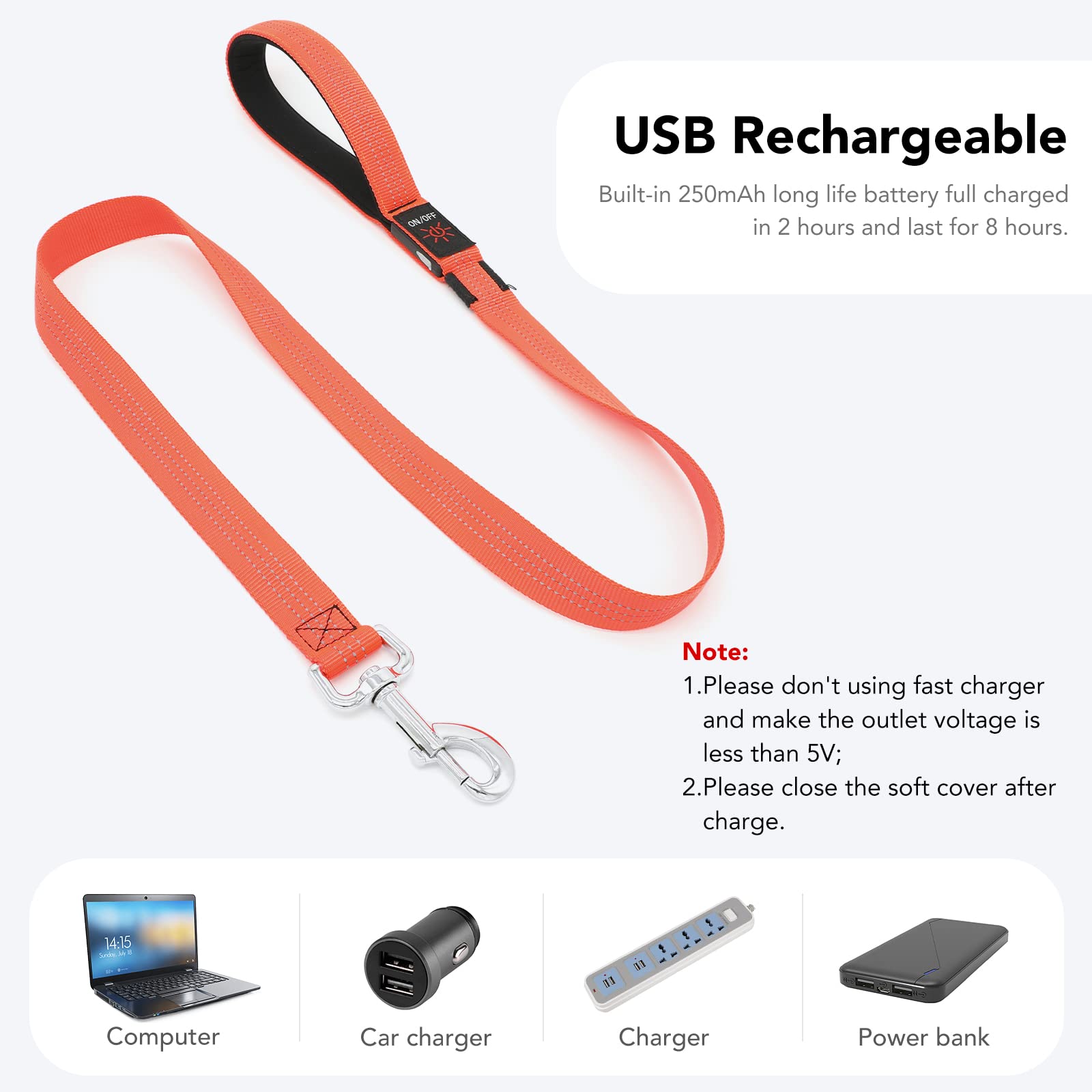 Colaseeme Led Dog Leash Light Up Dog Leash 4 Feet Micro Usb Rechargeable Nylon Webbing Glow Safety Standard Dog Leashes For Dogs (Orange With 3 Reflective Wires)