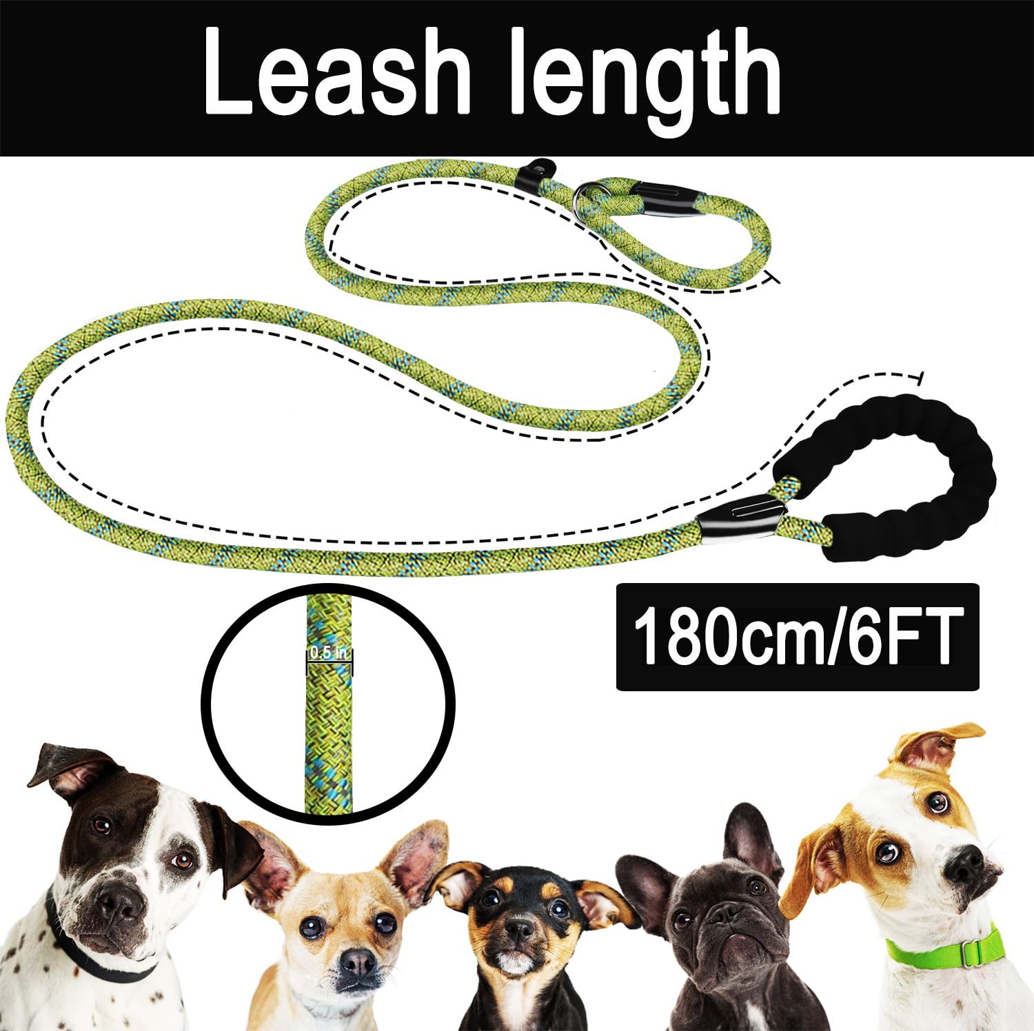 6 Ft Heavy Duty Dog Leash, Durable Premium Quality Strong Training Rope Slip Leash With Comfortable Padded Handle And Highly Ref