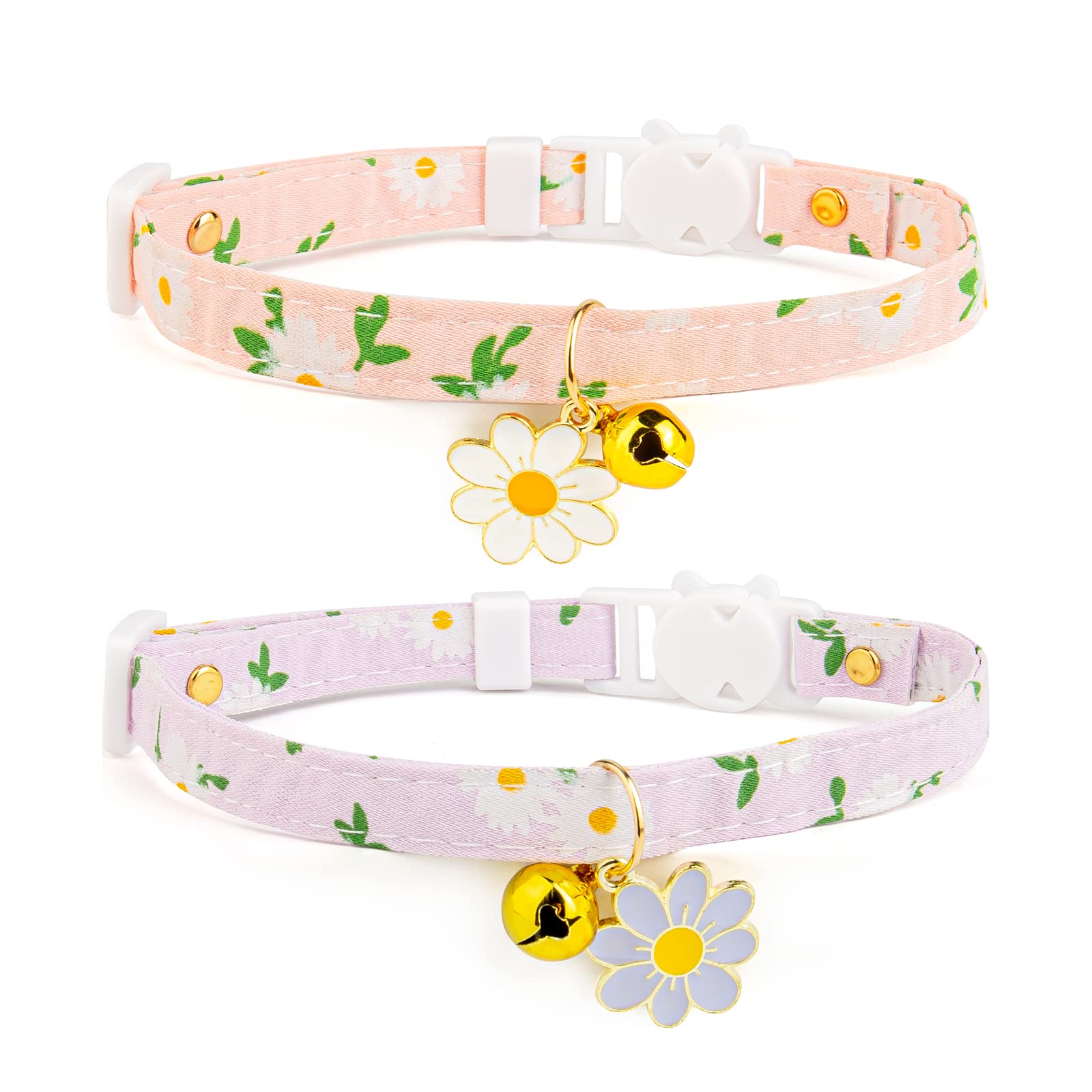 2 Pack Cotton Breakaway Cat Collar With Bell Pink&Purple Flowers Pendant Cute Kitten Cat Collar Suitable For Girls And Boys