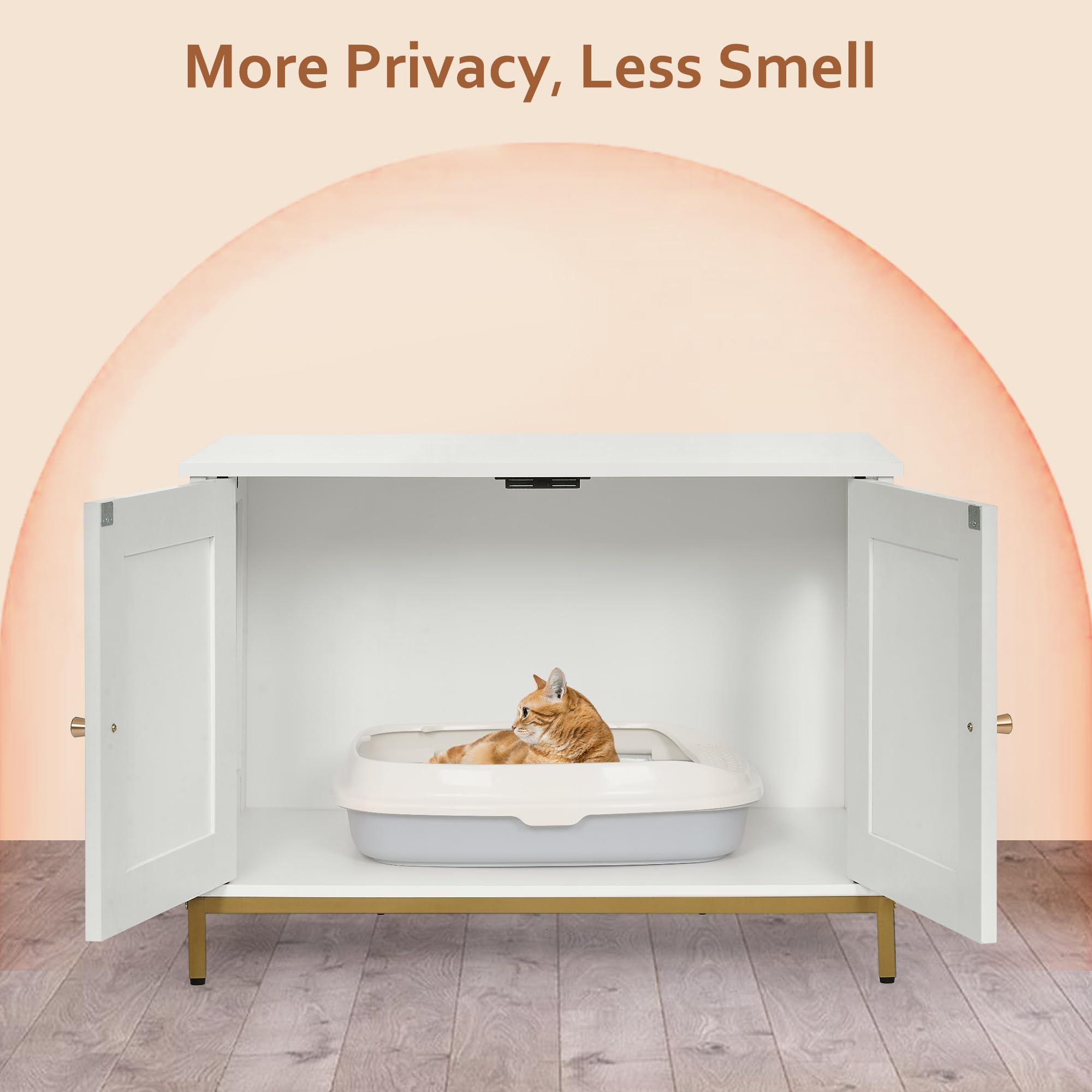 Homhedy Cat Litter Box Enclosure, Cat Washroom Furniture With Metal Frame, Pet House, Fit Most Of Litter Box, Modern Style, Whit