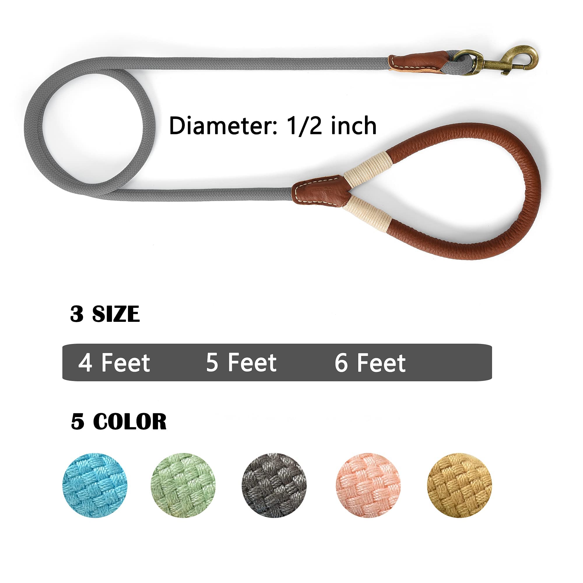 Mile High Life | Premium Leather Dog Leash | Strong Rope Dog Leash | Leather Handle | Heavy Duty Clasp | Small Medium Large Dogs | Diameter 1/2' (Grey, 6 Feet)