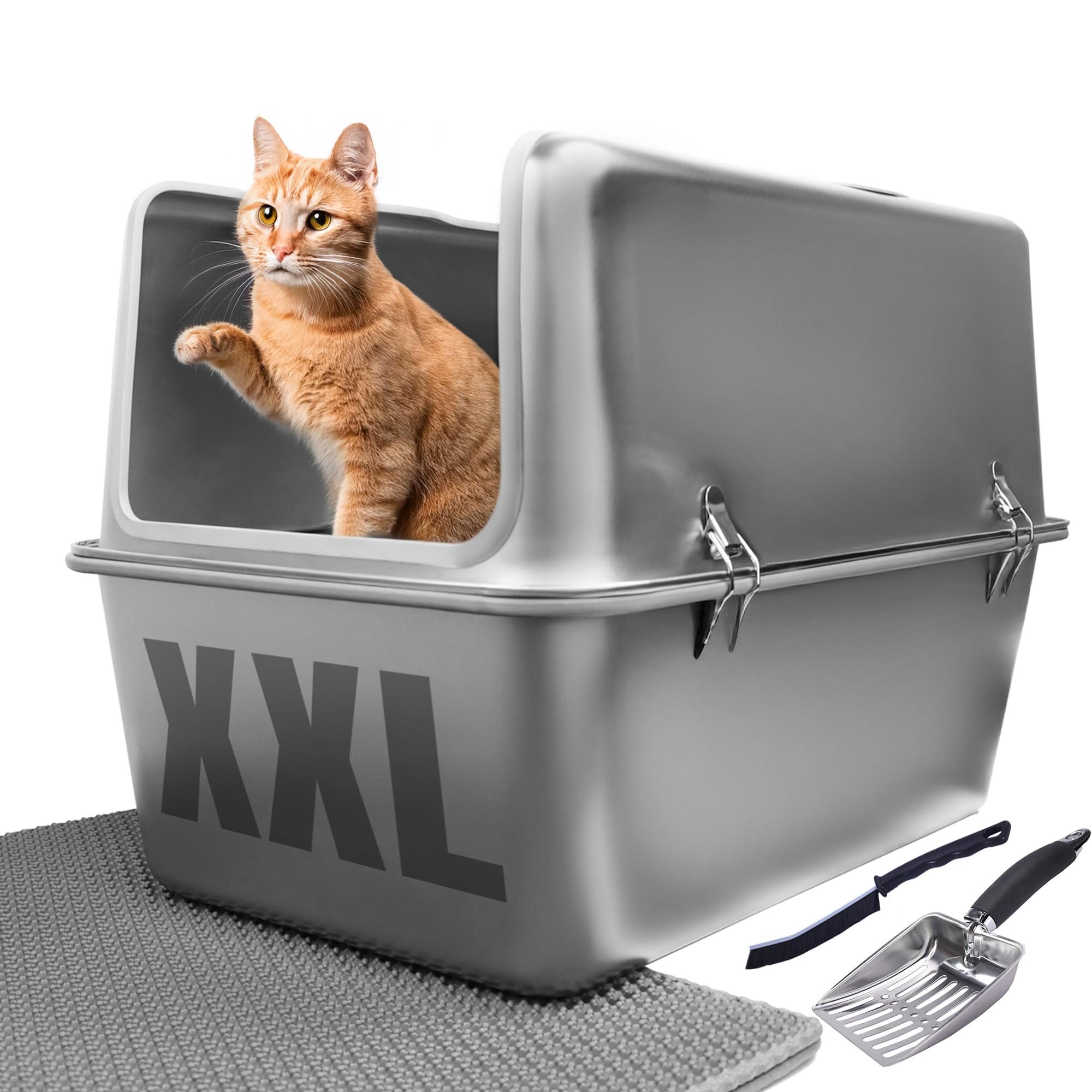 Xxl Stainless Steel Litter Box With Lid 30L Capacity 16 Inch High Sides, Leak Proof Anti Tracking Pedal Non Stick Easy Clean S