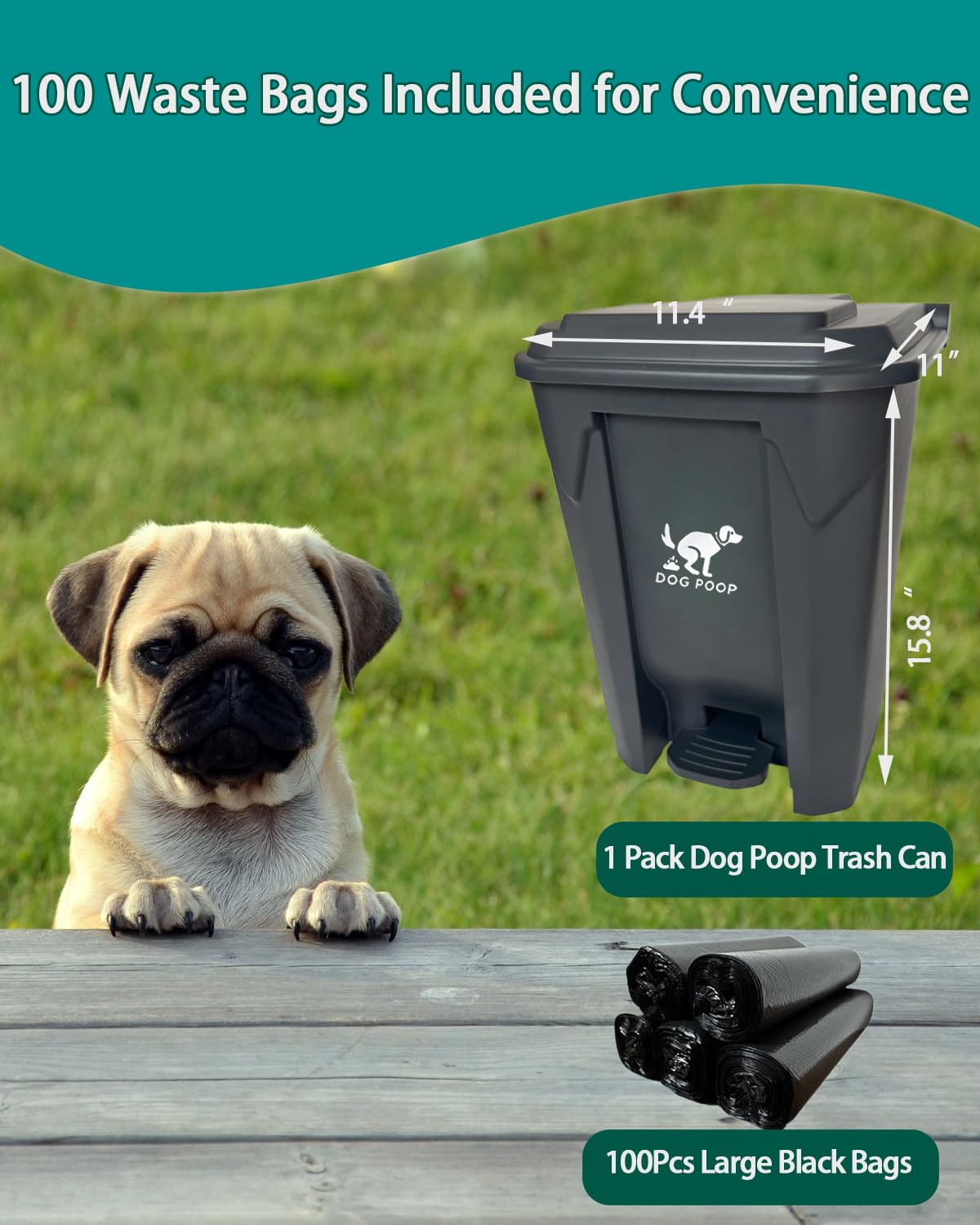 AkoSlale 20L Dog Poop Trash Can with Foot Pedal, 100 Waste Bags & Black Collapsible Pet Poop Scoop - Complete Pet Waste Disposal