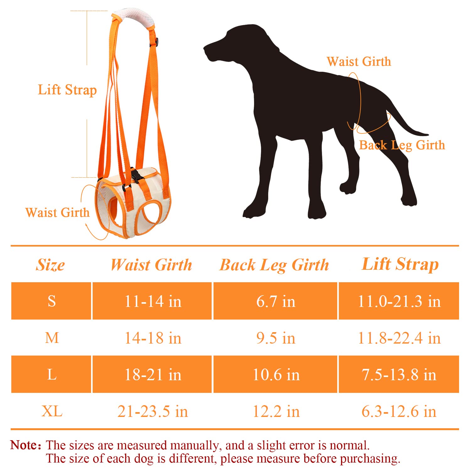 Qiyadin Dog Support Harness For Back Legs, Dog Sling For Small Medium Large Dogs Hind Leg Support, Dog Lifter For Rear Legs Mobility And Elderly Dogs (Orange, L)