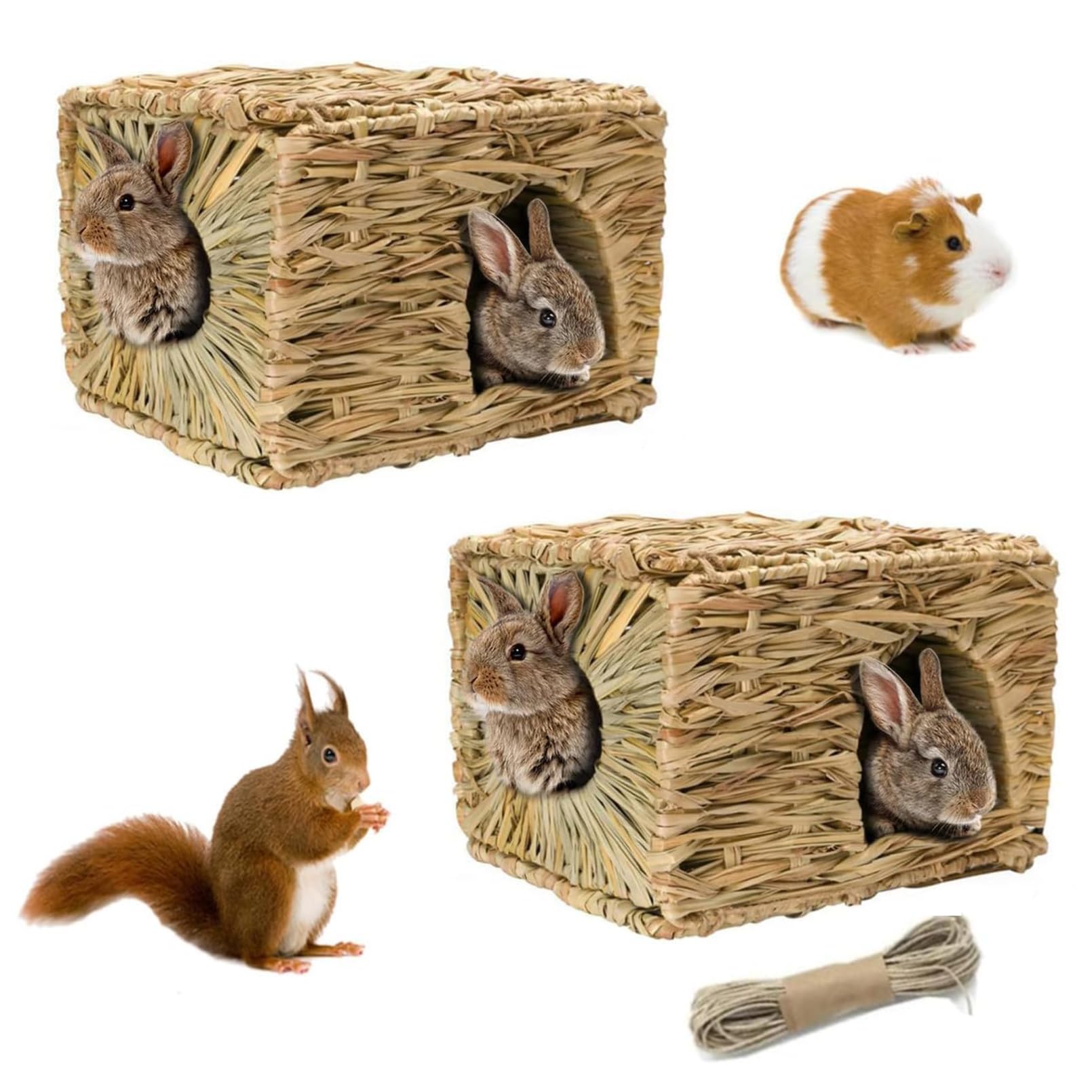 Hamiledyi 2 Pcs Grass House For Rabbit Natural Hand Woven Seagrass Play Hay Bed Foldable Woven Hideaway Hut Toy For Bunny Hamste