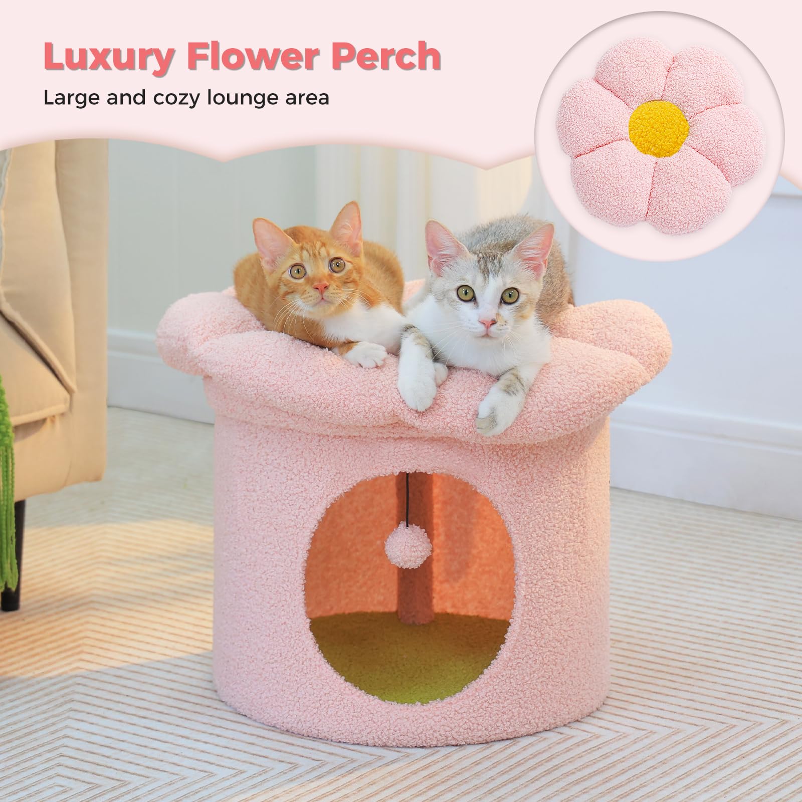 Petepela Cat Beds For Indoor Cats, Small Cute Cat Tree House With Removable Flower Cat Bed, Cat Hideaway, Indoor Cat House Condo