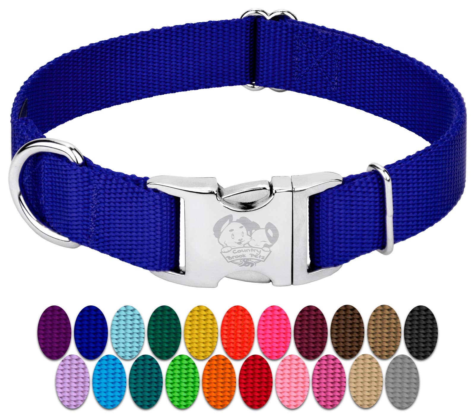 Country Brook Design - Vibrant 30+ Color Selection - Premium Nylon Dog Collar With Metal Buckle (Large, 1 Inch, Bright Royal Blu