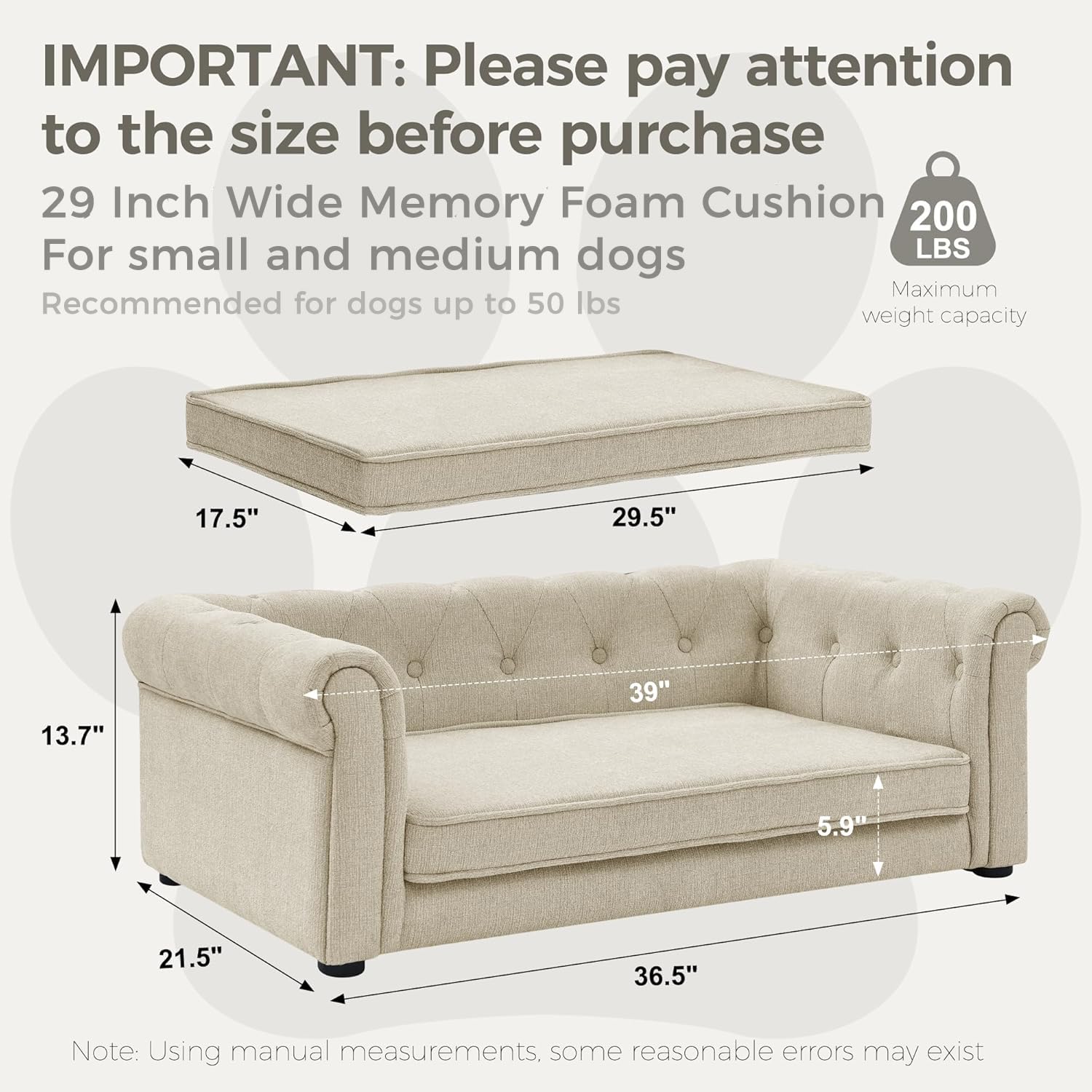 WCFI 39 Dog Couch Bed with Legs, Durable Elevated Pet Couch with 29 W Memory Foam, Dry Cleanable Fabric, Dog Sofa Bed for Large,