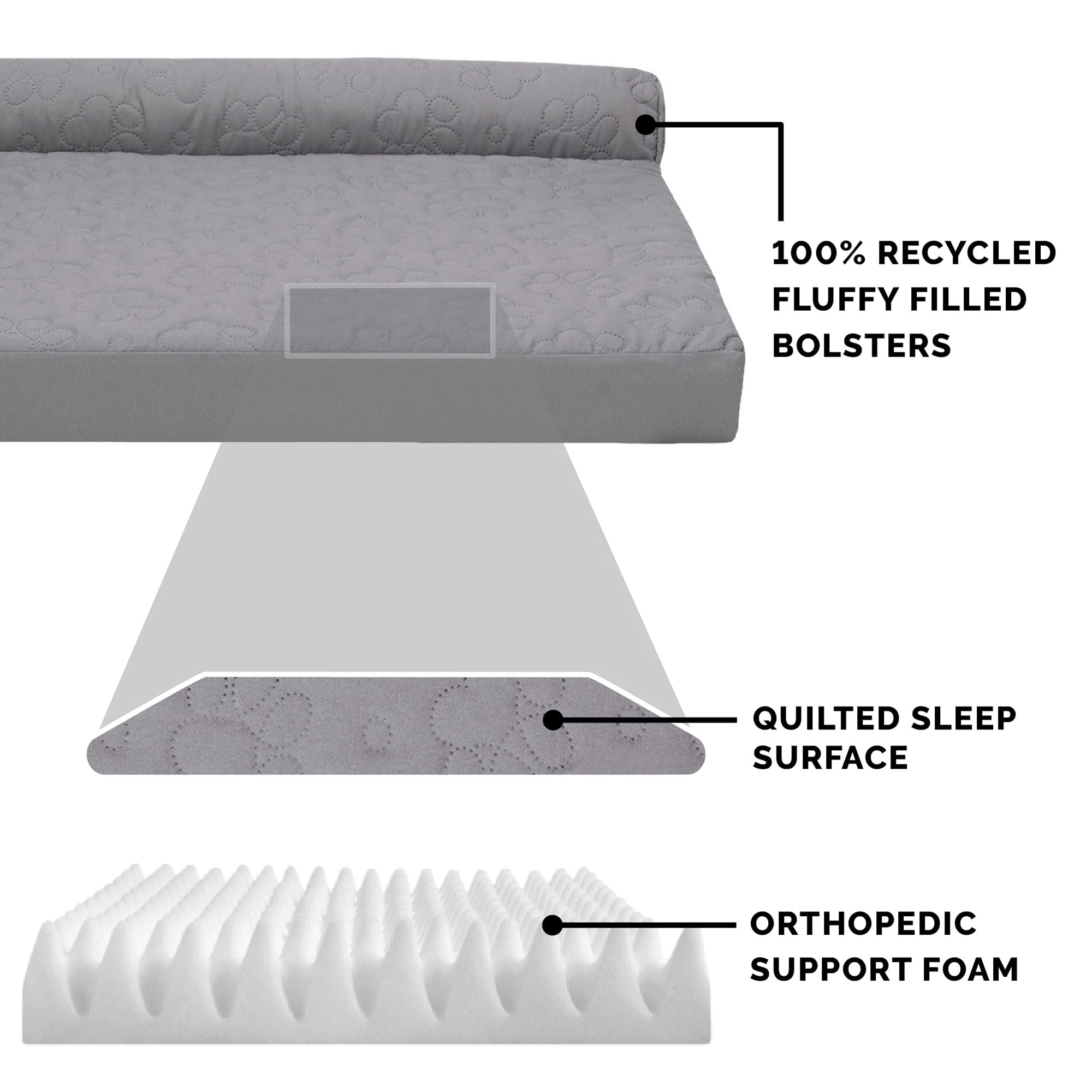 Furhaven Orthopedic Dog Bed For Large Dogs W/ Removable Bolsters & Washable Cover, For Dogs Up To 95 Lbs - Pinsonic Quilted Paw L Shaped Chaise - Titanium, Jumbo/Xl
