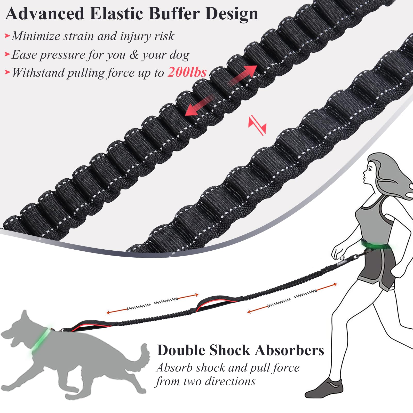 Vivaglory Hands Free Dog Leash With Dual Advanced Anti-Shock Bungees And Padded Handles, Reflective Waist Running Leash With Adj