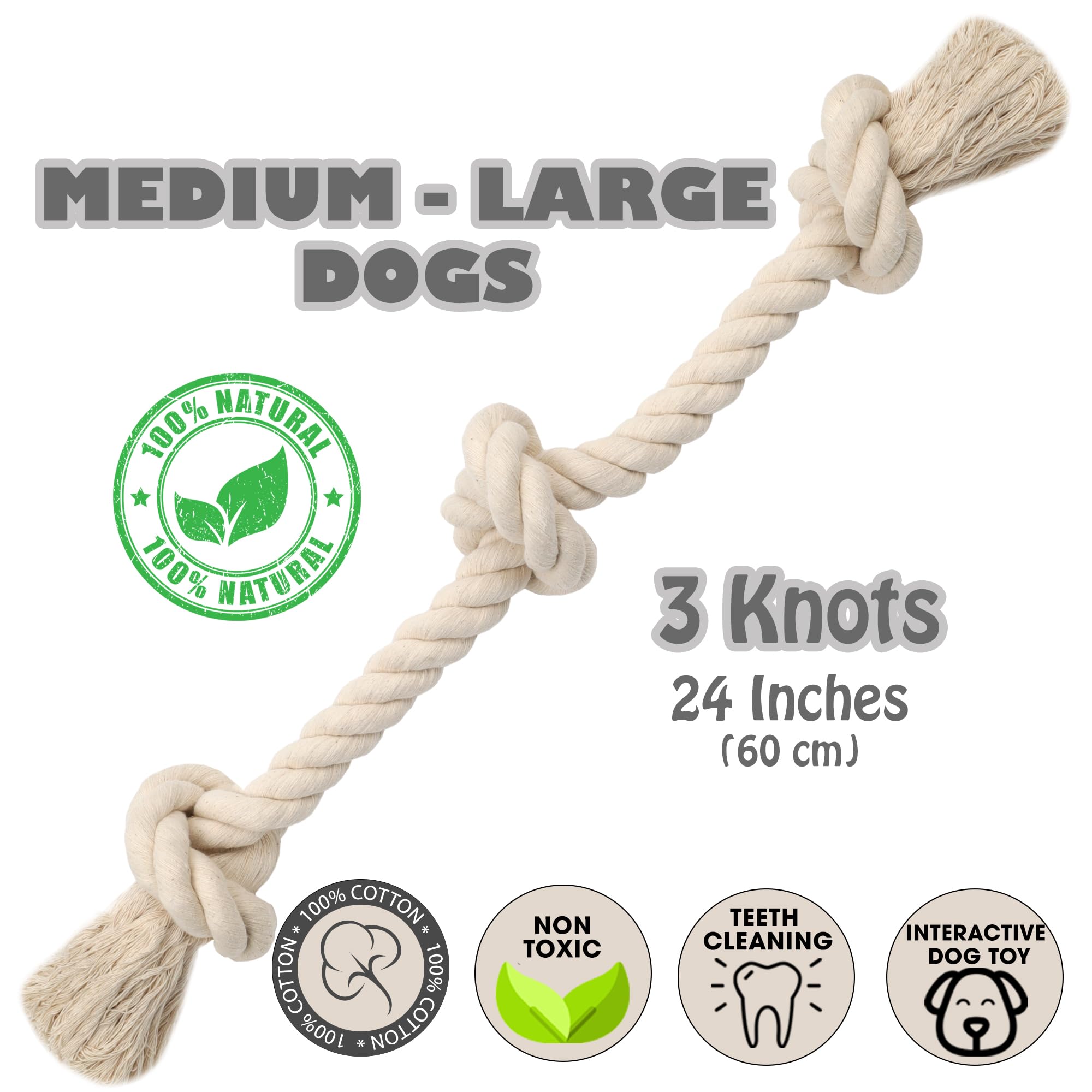 Barida Natural White Cotton Tough Dog Rope Toy. Non Toxic And Premium Rope Dog Tug Toy For Medium & Large Dogs.