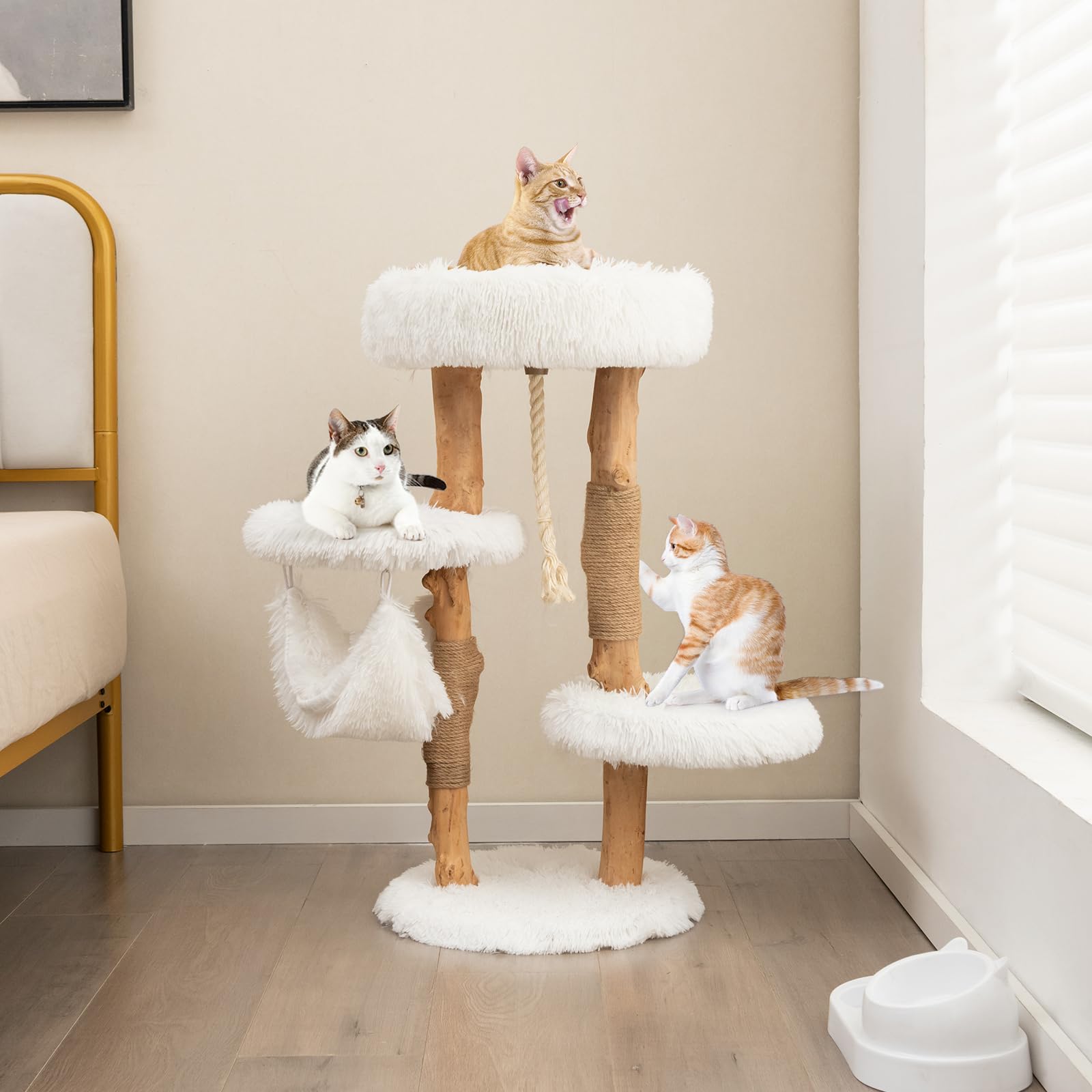Tangkula Cat Tree Tower, Solid Wood Modern Cat Tower With Cozy Top Perch, 2 Platforms & 1 Hammock, Natural Branch Cute Cat Tree