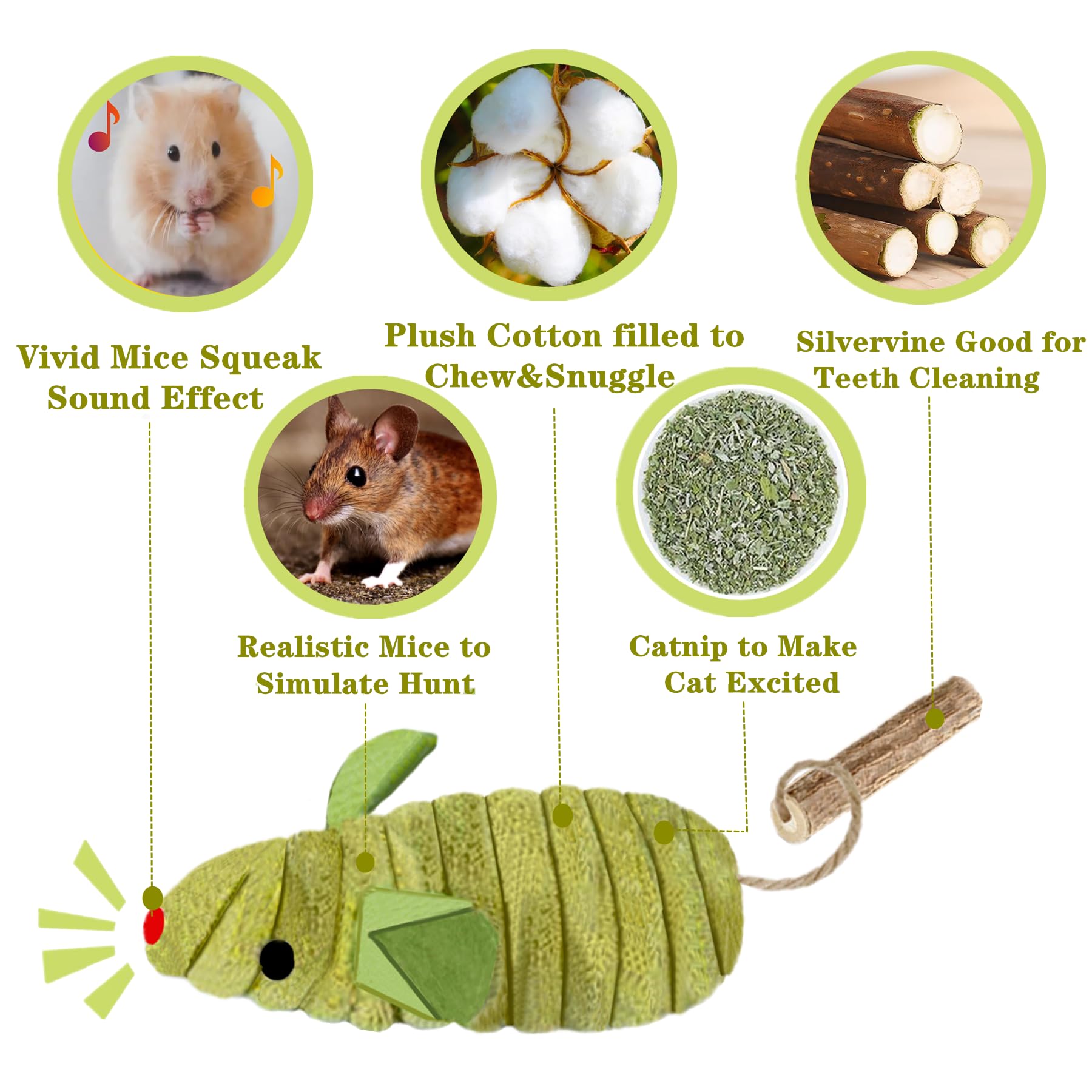 Grembeb Cat Toys, 3 Mice Catnip Toy Crinkle Sound For Indoor Cat With Silvervine Chew Stick For Dental Chirping Mouse Plush Kitt