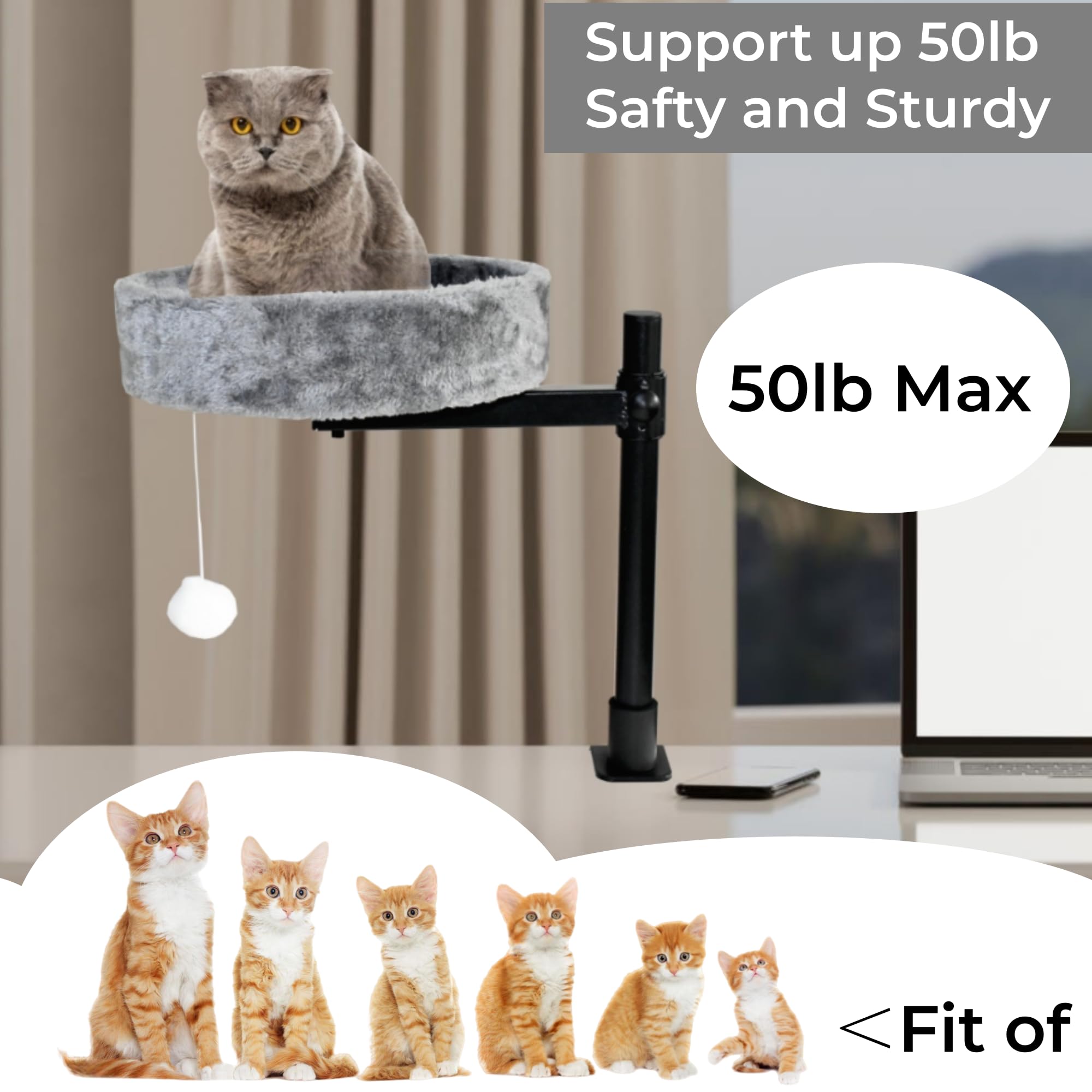 Cat Desk Bed, 360Rotating & Adjustable, Round Cat Bed For Desk With Sturdy Steel Frame, Supports Up To 50 Lbs, Desk Cat Nest Bed