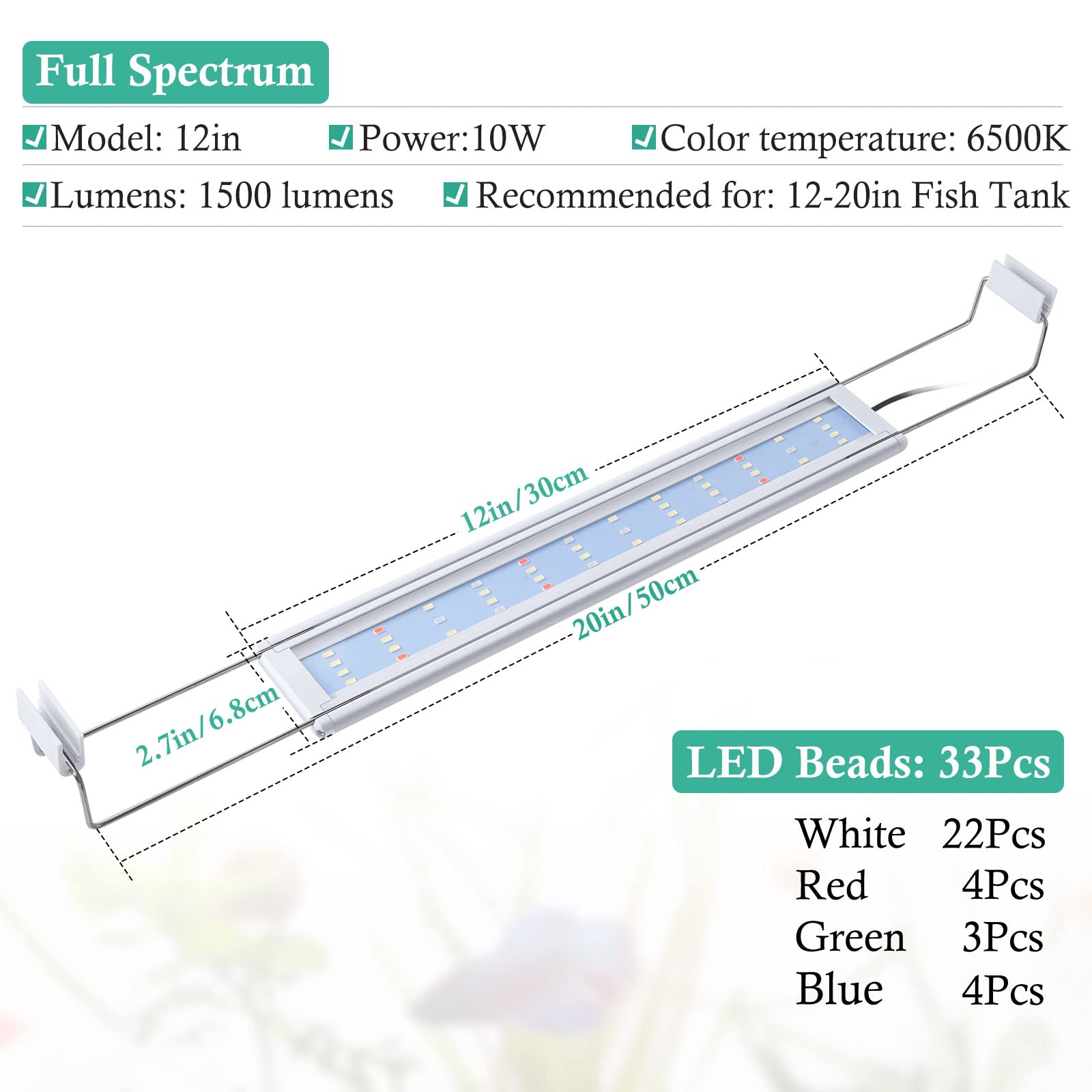 Hitop Full Spectrum Led Aquarium Light - 12” 16” 24” 32” Classic Fish Tank Light With Rgb Leds, With Timer And Stable Extendable Brackets (12-20In)