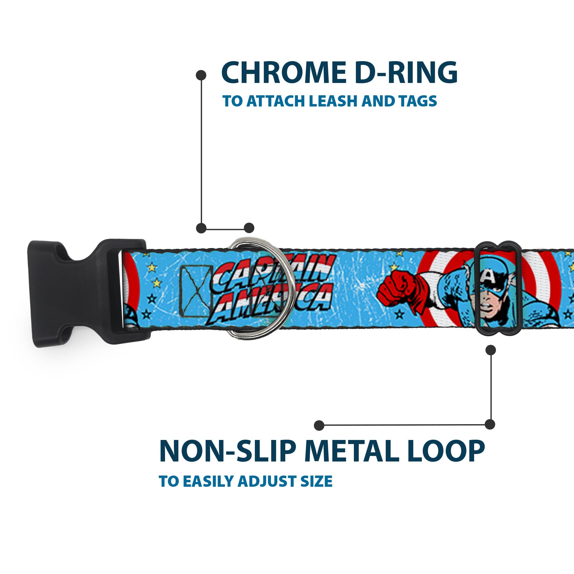Dog Collar Plastic Clip Captain America Action Pose Weathered Blue 8 To 12 Inches 0.5 Inch Wide