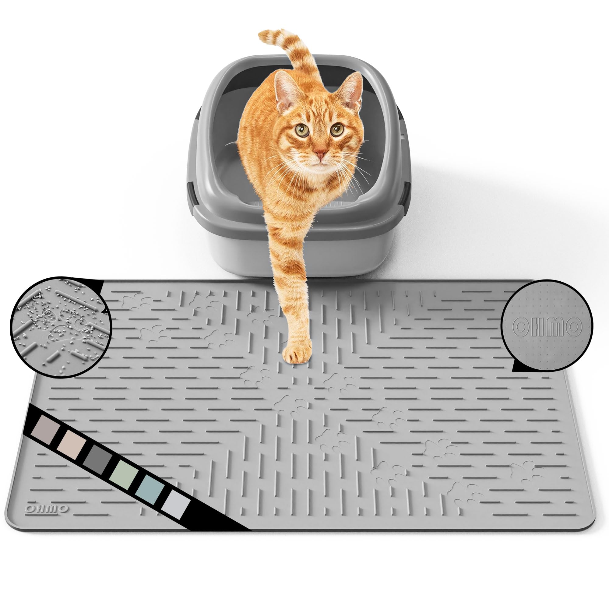 OHMO Cat Litter Mat Trapping Mat Premium Silicone Rubber 23.5x16 Grey, Waterproof and BPA Free Kitty Litter Box Mat, Easy to Cle