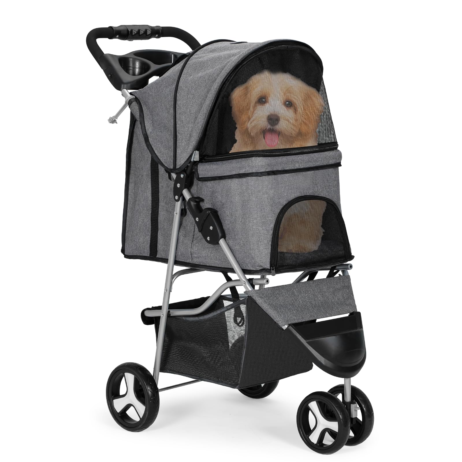 Monibloom 3 Wheels Pet Dog Cat Stroller For Small Medium Dogs And Cats, Lightweight Foldable Jogger Stroller W/Storage Basket And Cup Holder, Gray