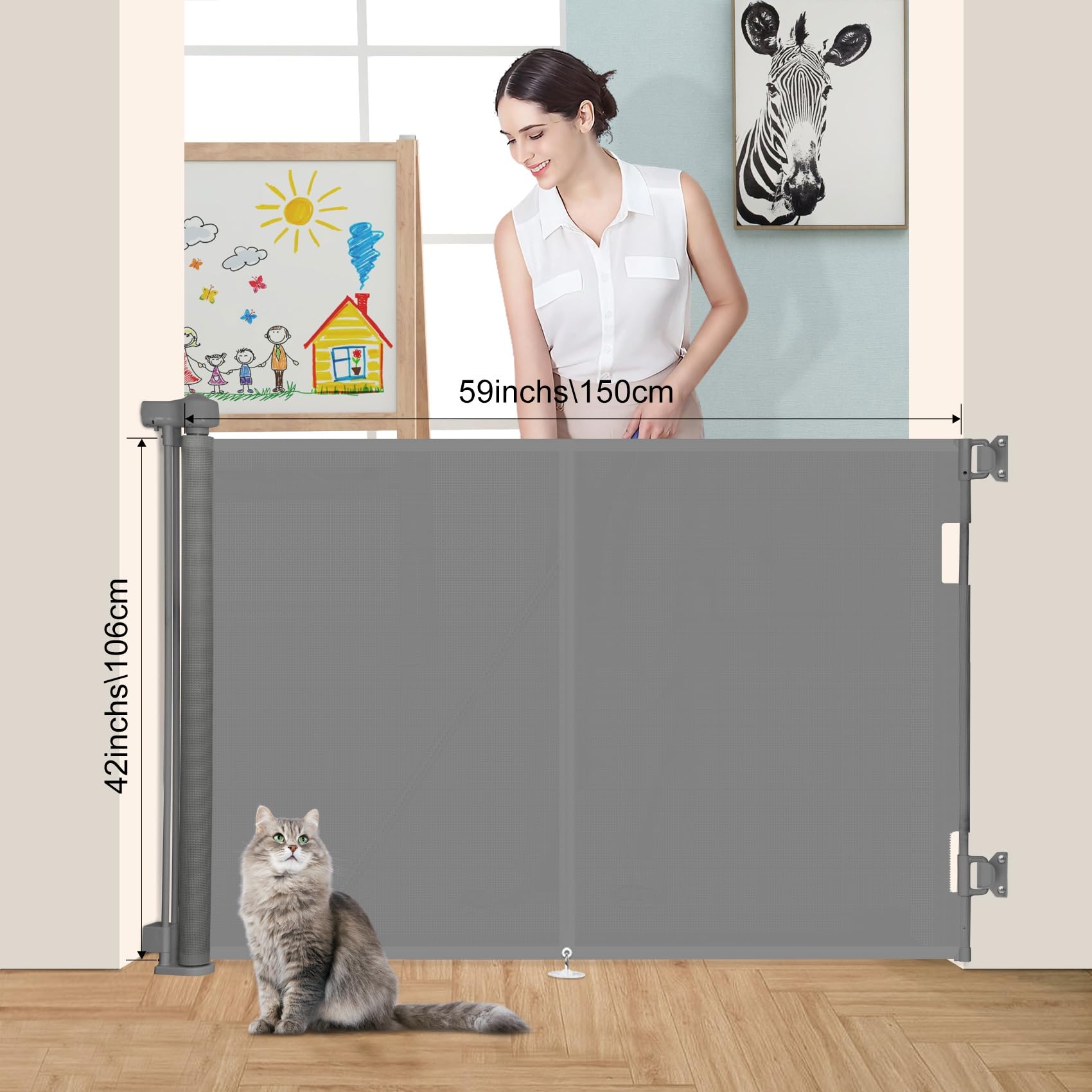 Upgrade 59' Retractable Baby Gates With Reinforced Strip Design To Prevent Crawling Through, 42' Tall Retractable Gate For Baby And Pet, 5 Ft Baby Gates For Stairs, Doorways, Hallways(Gray)