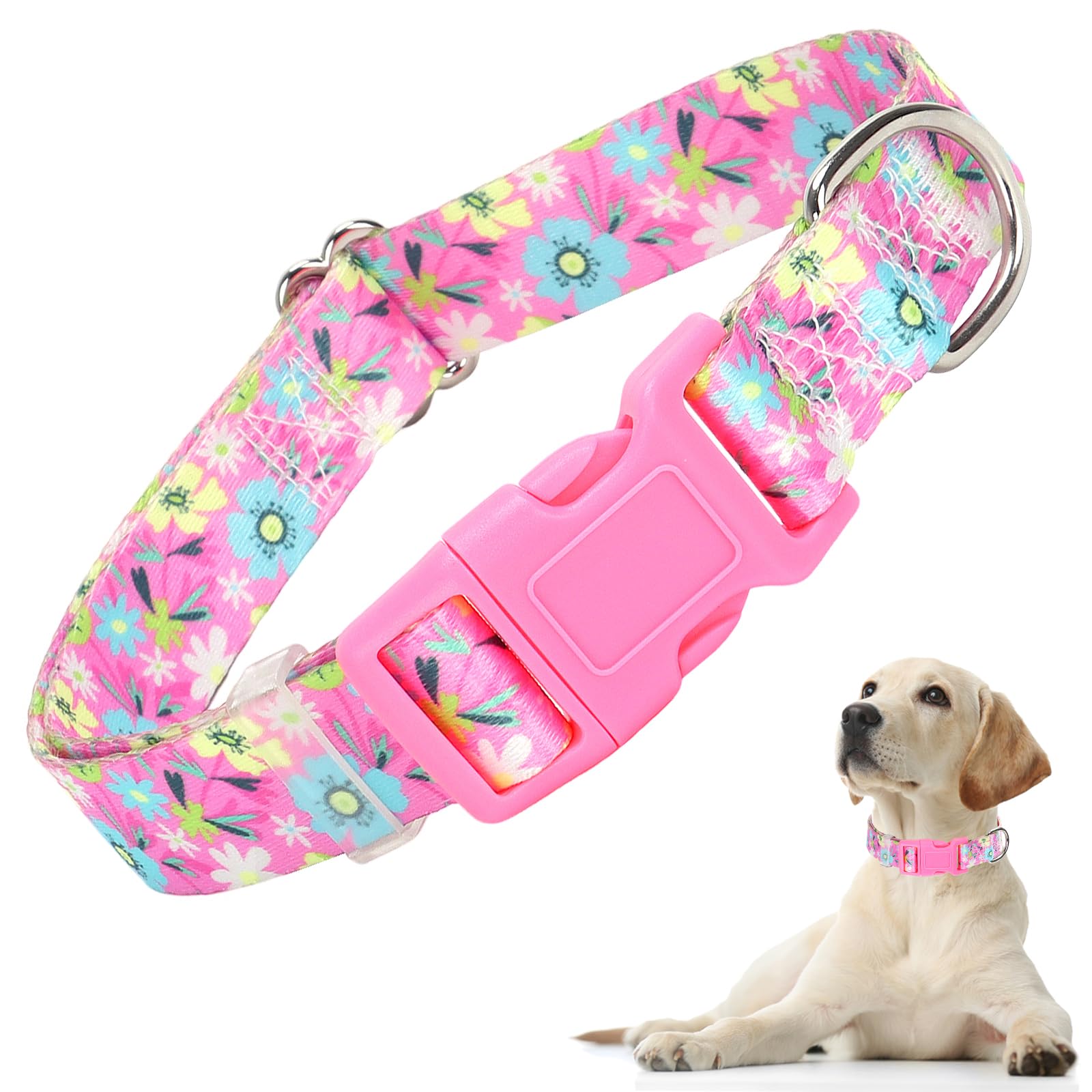 Girl Dog Collars for Medium Dogs, Cute Girl Pink Dog Collar with Boho Flowers Patterns, Adjustable Comfy Soft Durable Pet Collar
