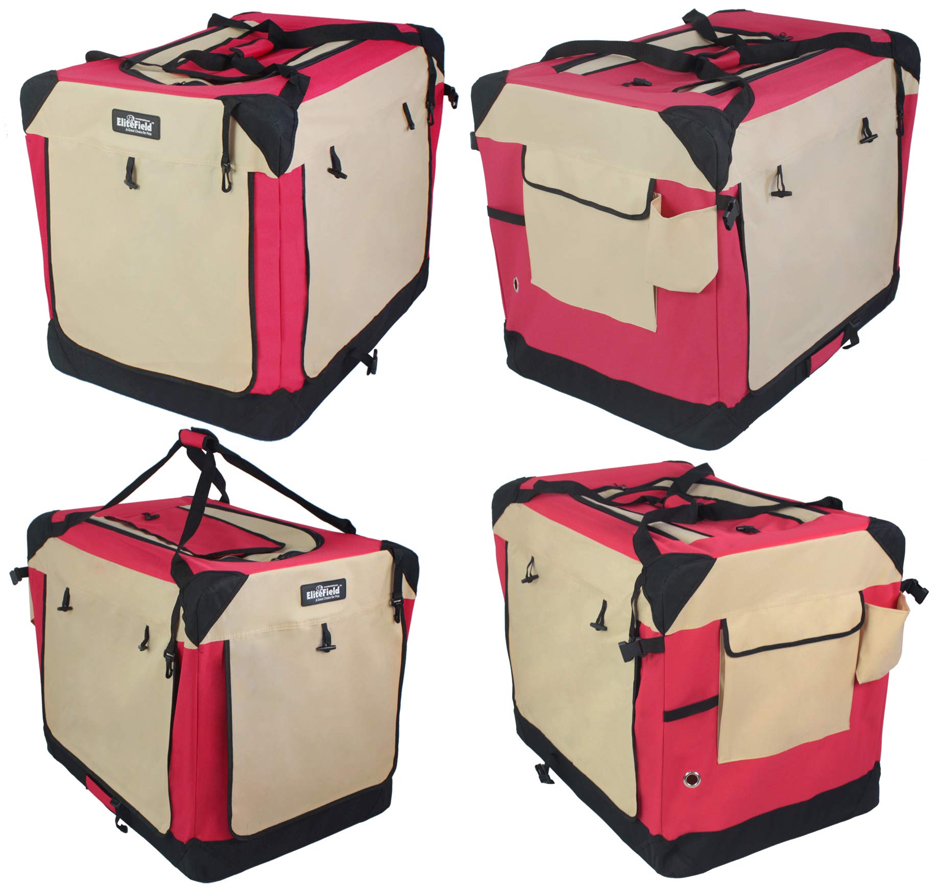 EliteField 4-Door Folding Soft Dog Crate, Indoor & Outdoor, 30" L x 21" W x 24" H, Red+Beige, Includes Carrying Bag &