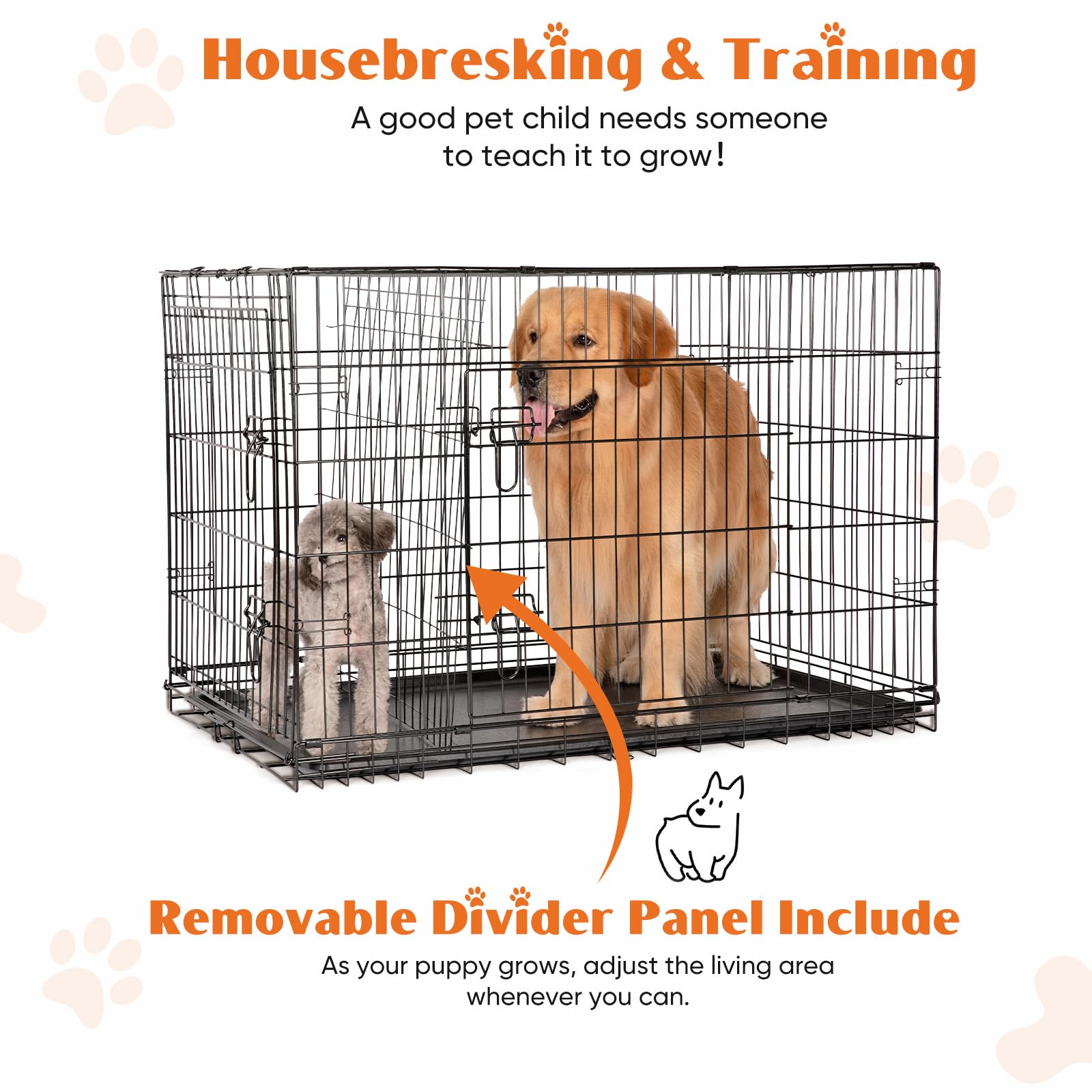 Sweetcrispy Large Dog Crate With Divider Panel, 36 Inch Double Door Folding Metal Wire Dog Cage With Plastic Leak-Proof Pan Tray