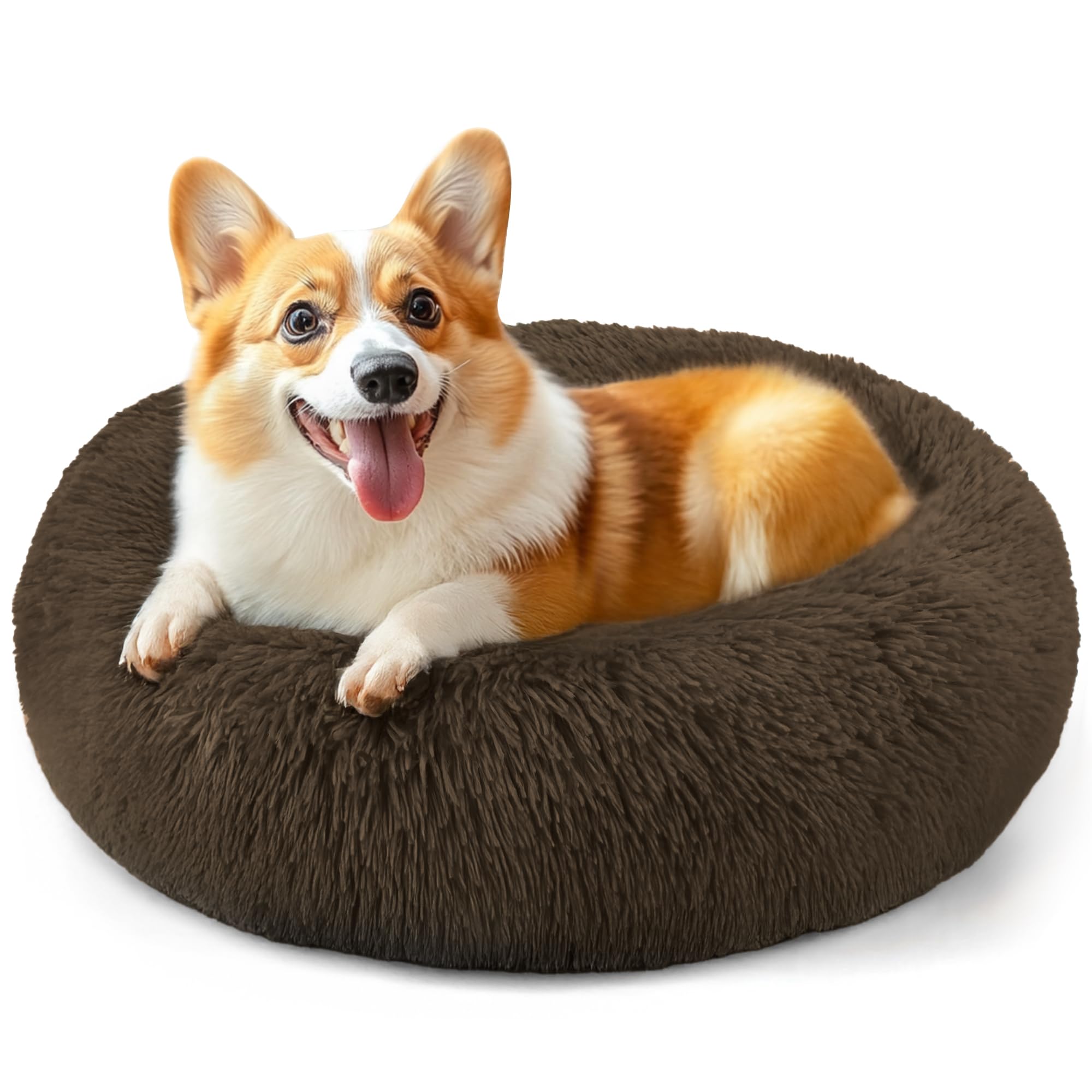 28in Large Dog Bed, Medium Size Dog and Cats, Calming Donut Bed for Puppy and Kitten, Washable Round Fluffy Pet Bed (Coffee)