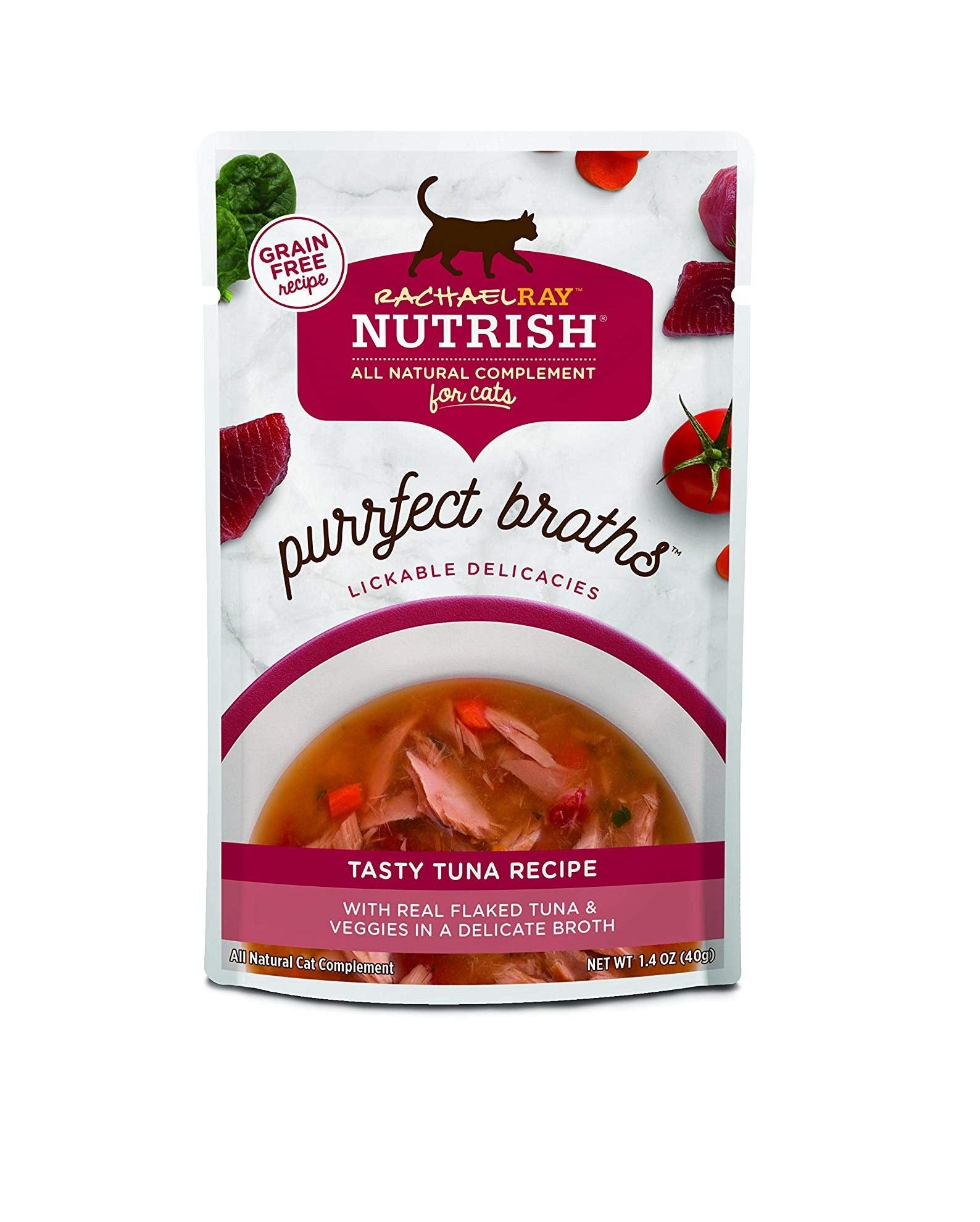 Rachael Ray Nutrish Purrfect Broths Natural Wet Cat Food, Tasty Tuna Recipe with Flaked Tuna & Veggies, 1.4 Ounce Pouch (Pack of
