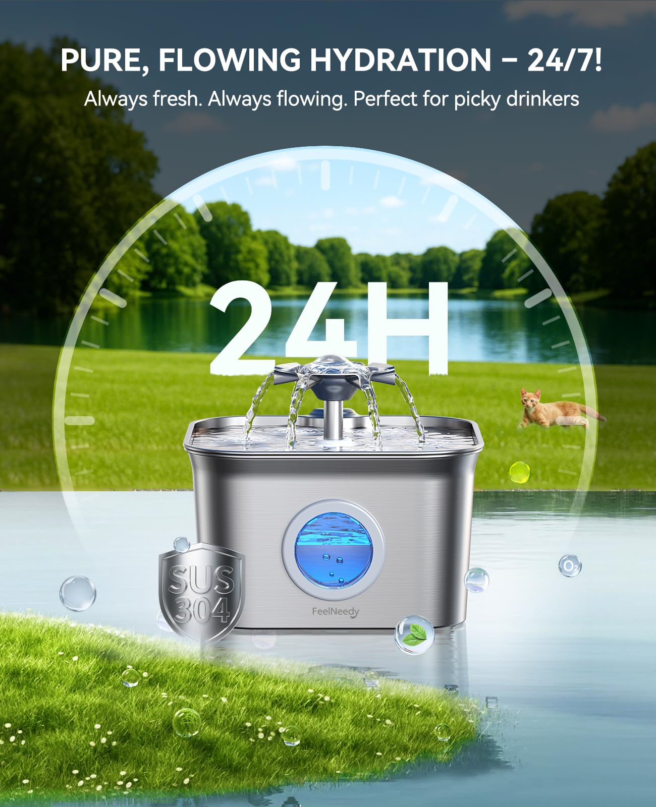 Stainless Steel Cat Water Fountain, 2.8L with 20dB Ultra-Quiet Pump- Ideal for Timid Pets, LED Water Level Window, Dishwasher Sa